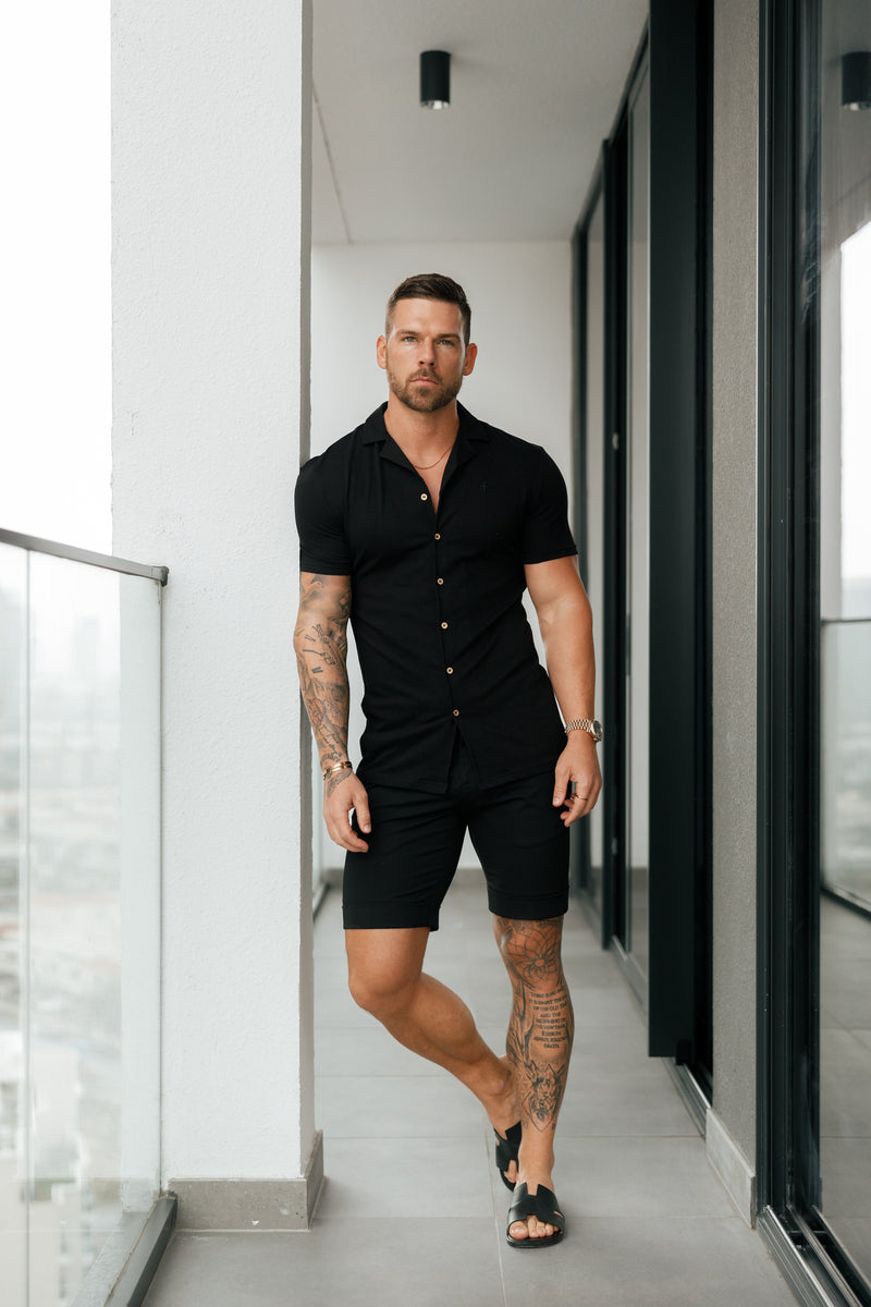 Father Sons Stretch Black / Gold Pique Revere Shirt Short Sleeve - FSH1068