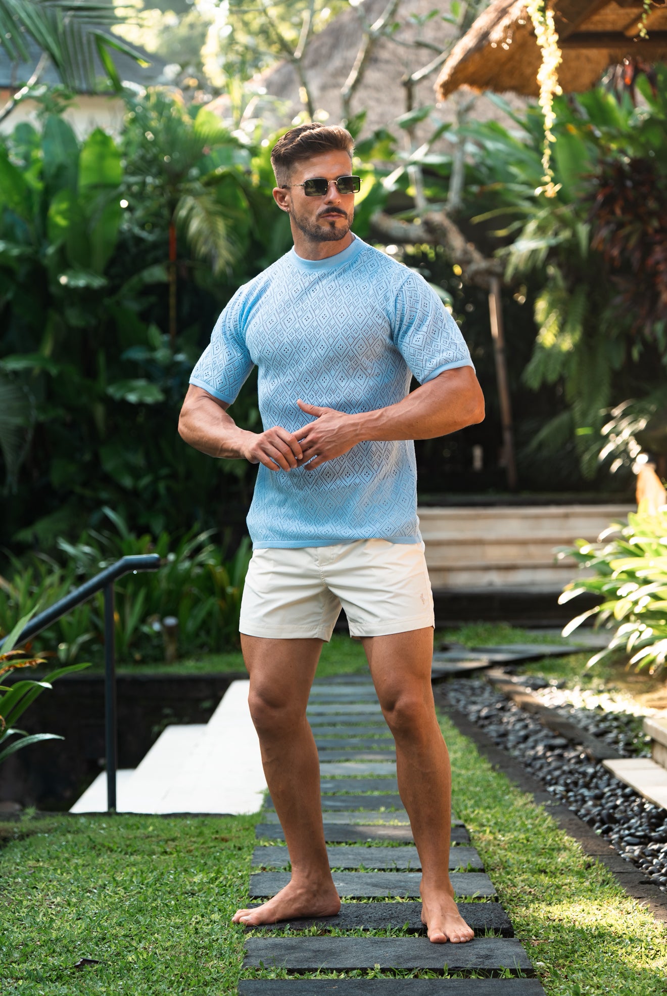 Crochet Crew T-Shirt Blue Short Sleeve - FSJ088