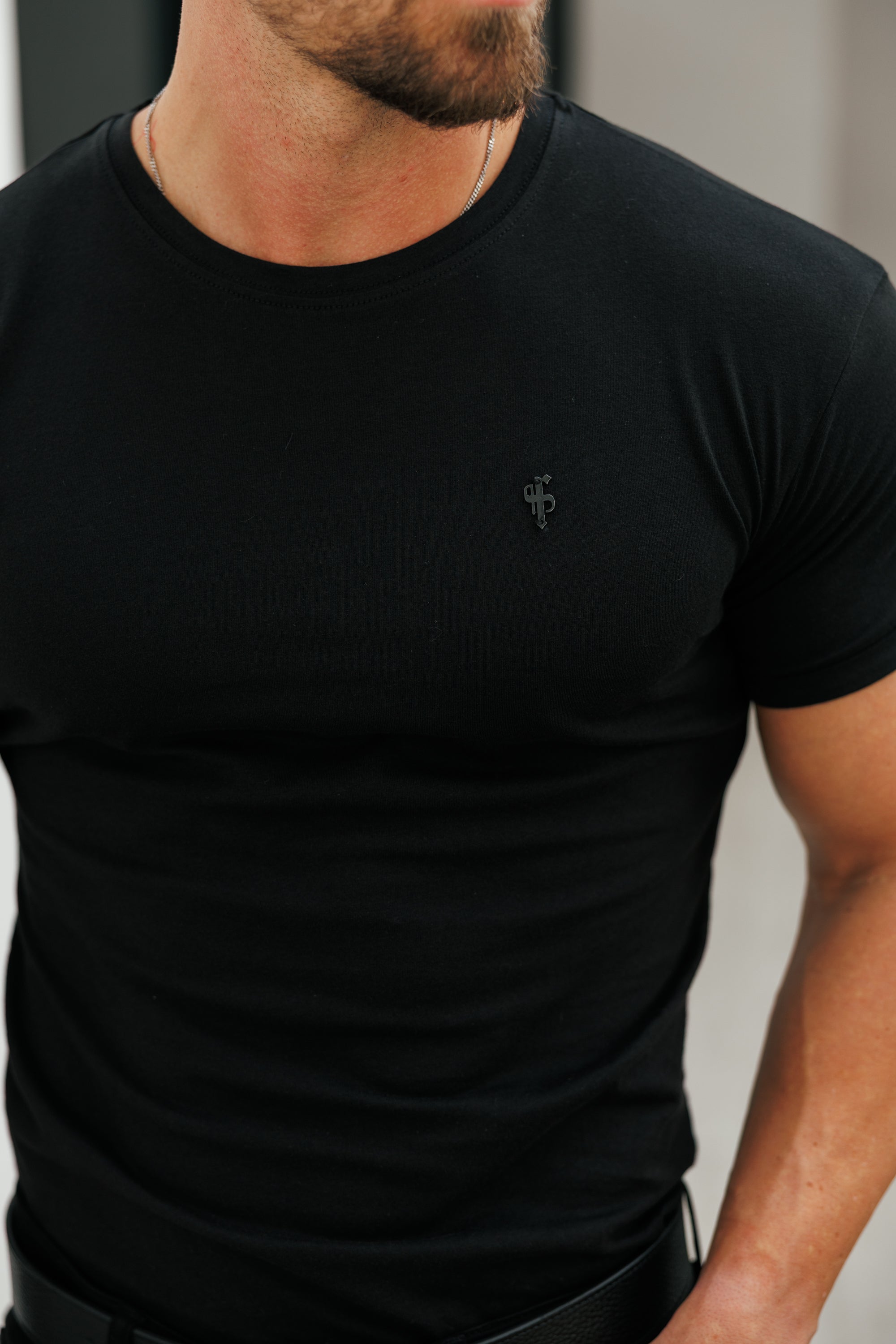 Black Crew Tshirt with Black Metal Emblem Decal FSH1454