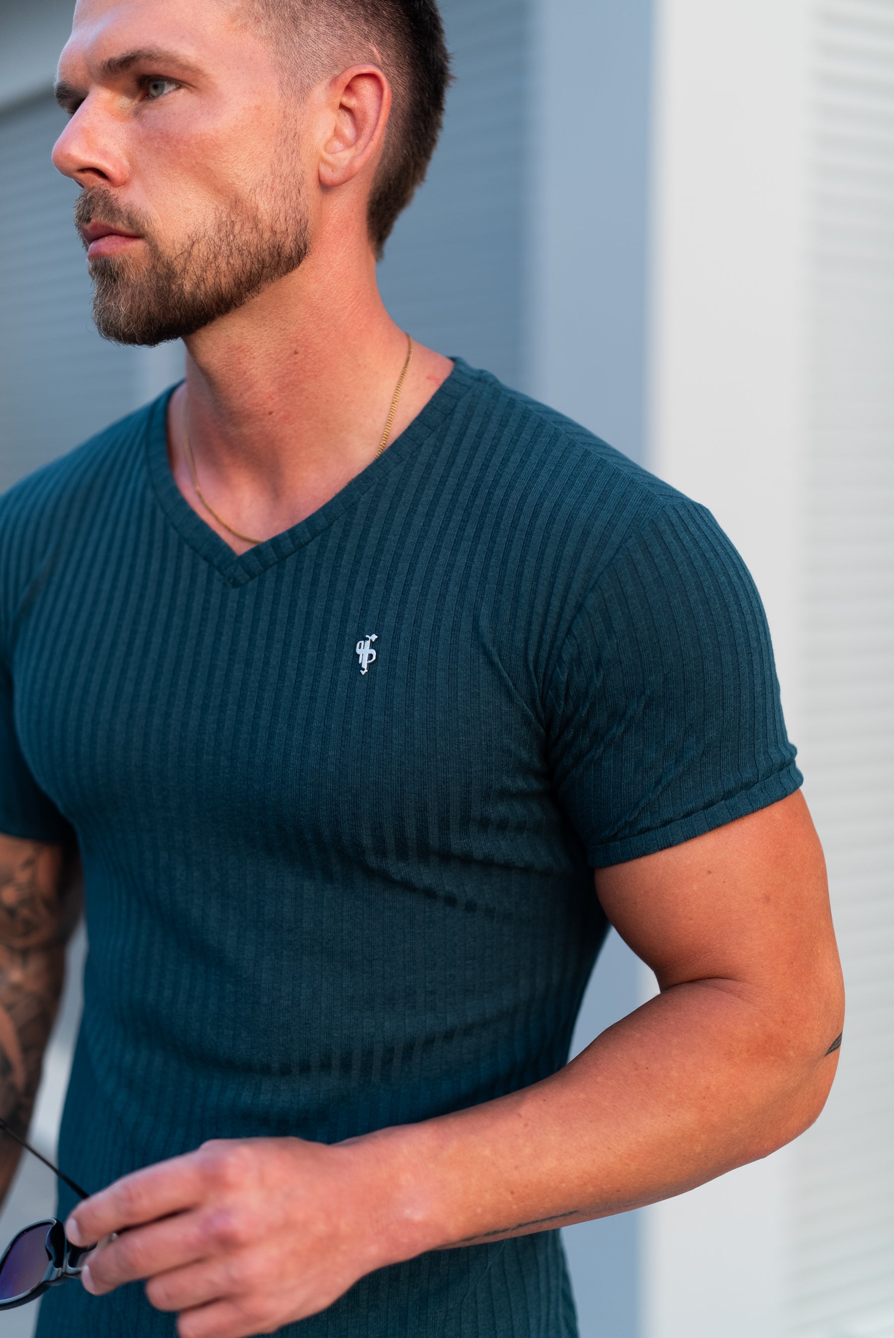 Super Slim Forest Green / Silver V Neck Ribbed Crew - FSH1368