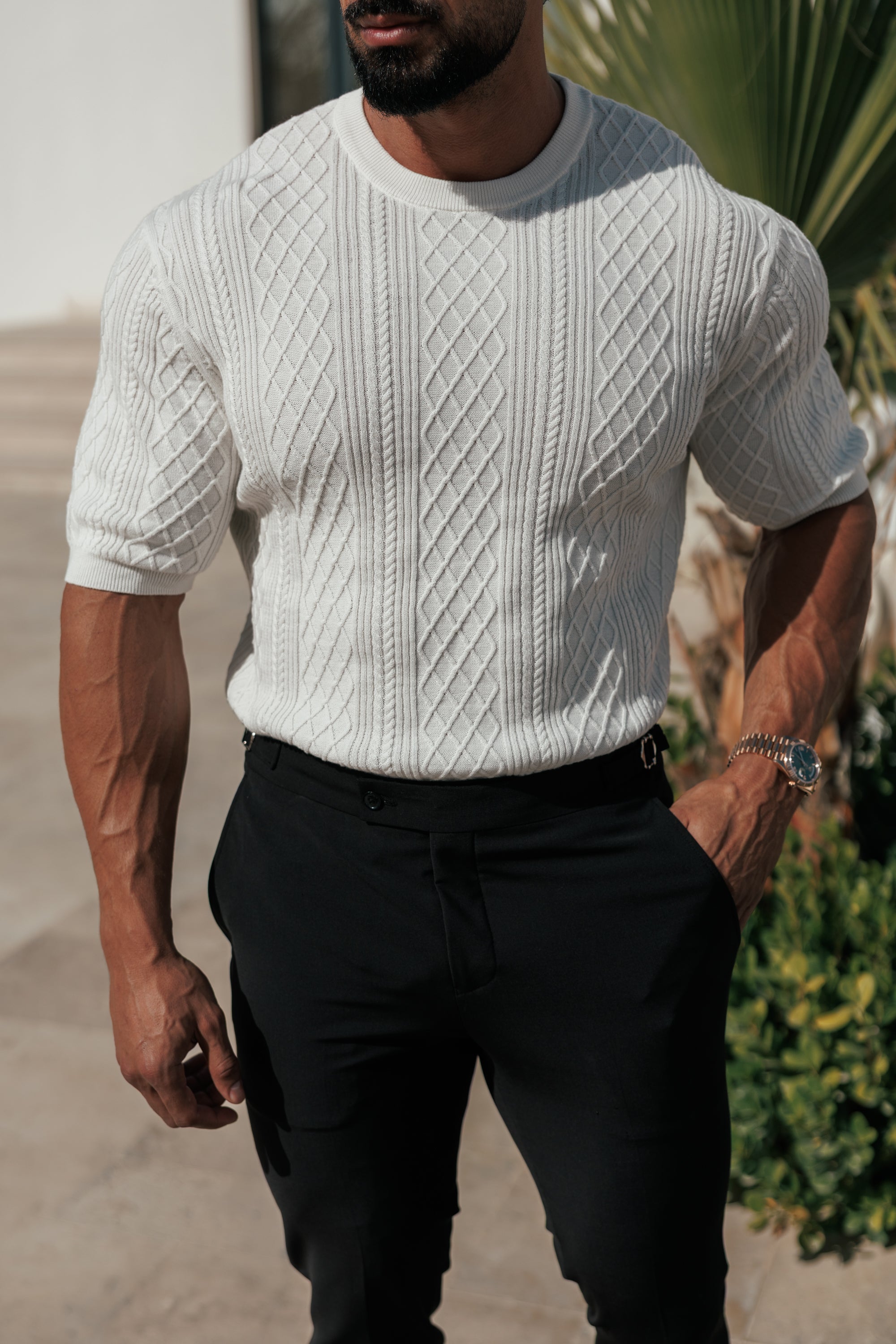 Fine Knit Diamond Off White Jumper Short Sleeve  -  FSA009