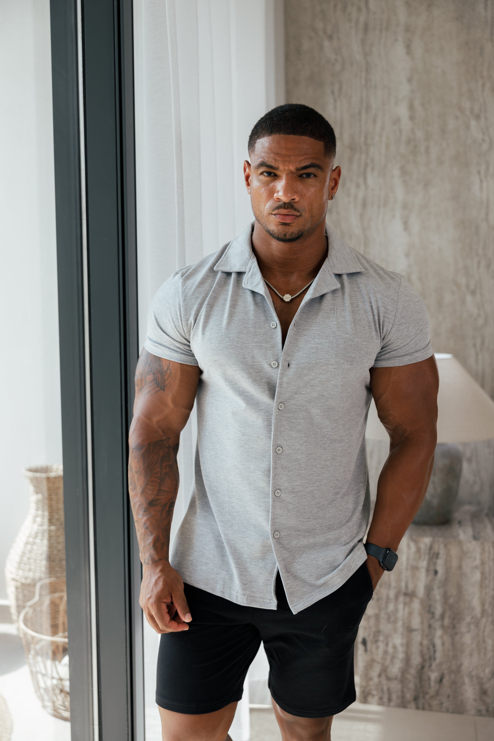 Stretch Light Grey Pique Revere Shirt Short Sleeve - FSH1072