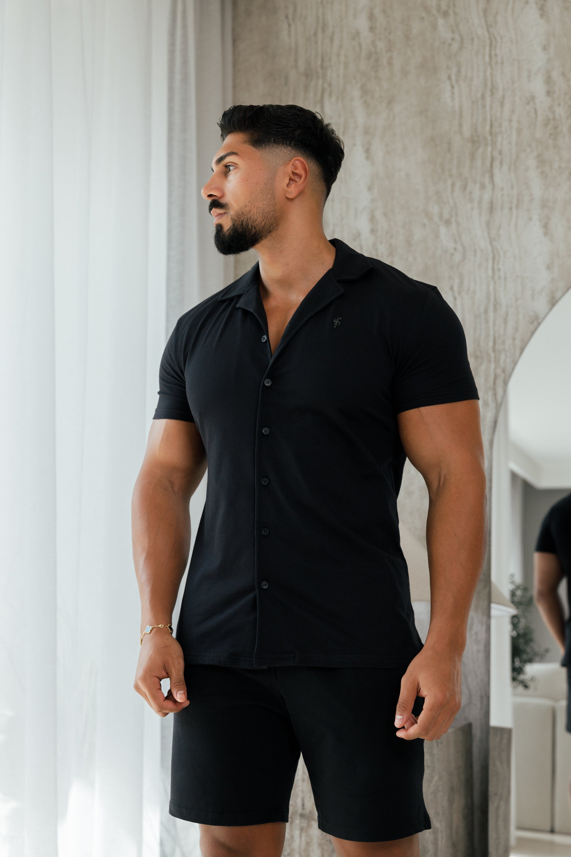 Stretch Black Pique Revere Shirt Short Sleeve - FSH1067