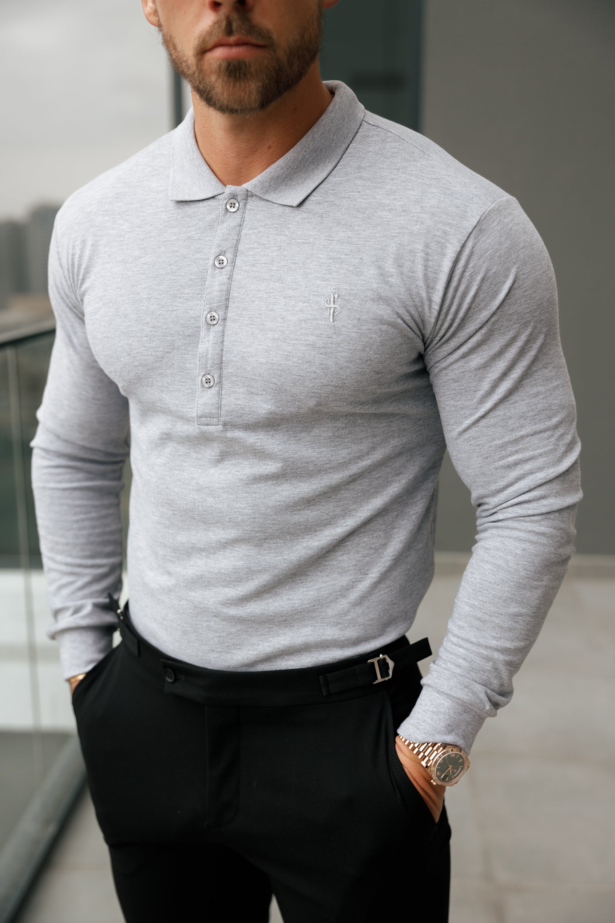 Classic Light Grey Tonal  Polo Long Sleeve Shirt - FSH859