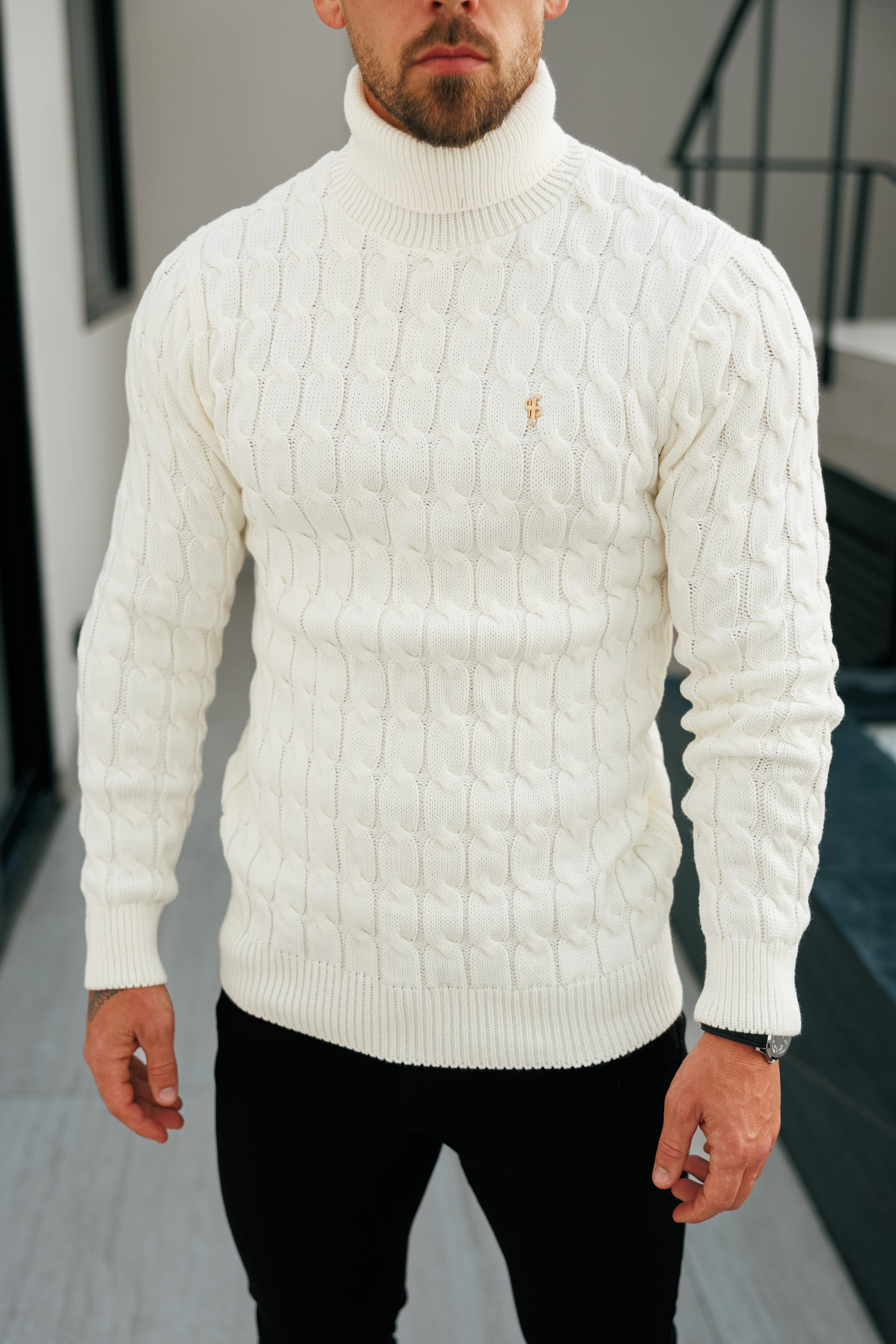 Link Weave Knit Cream Roll Neck Jumper - FSJ102