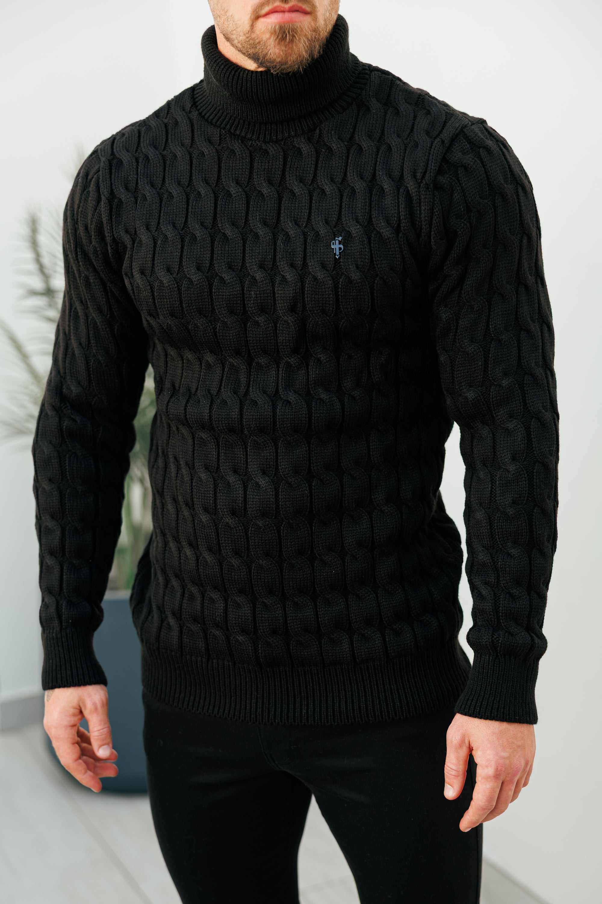 Link Weave Knit Black Roll Neck Jumper - FSJ101