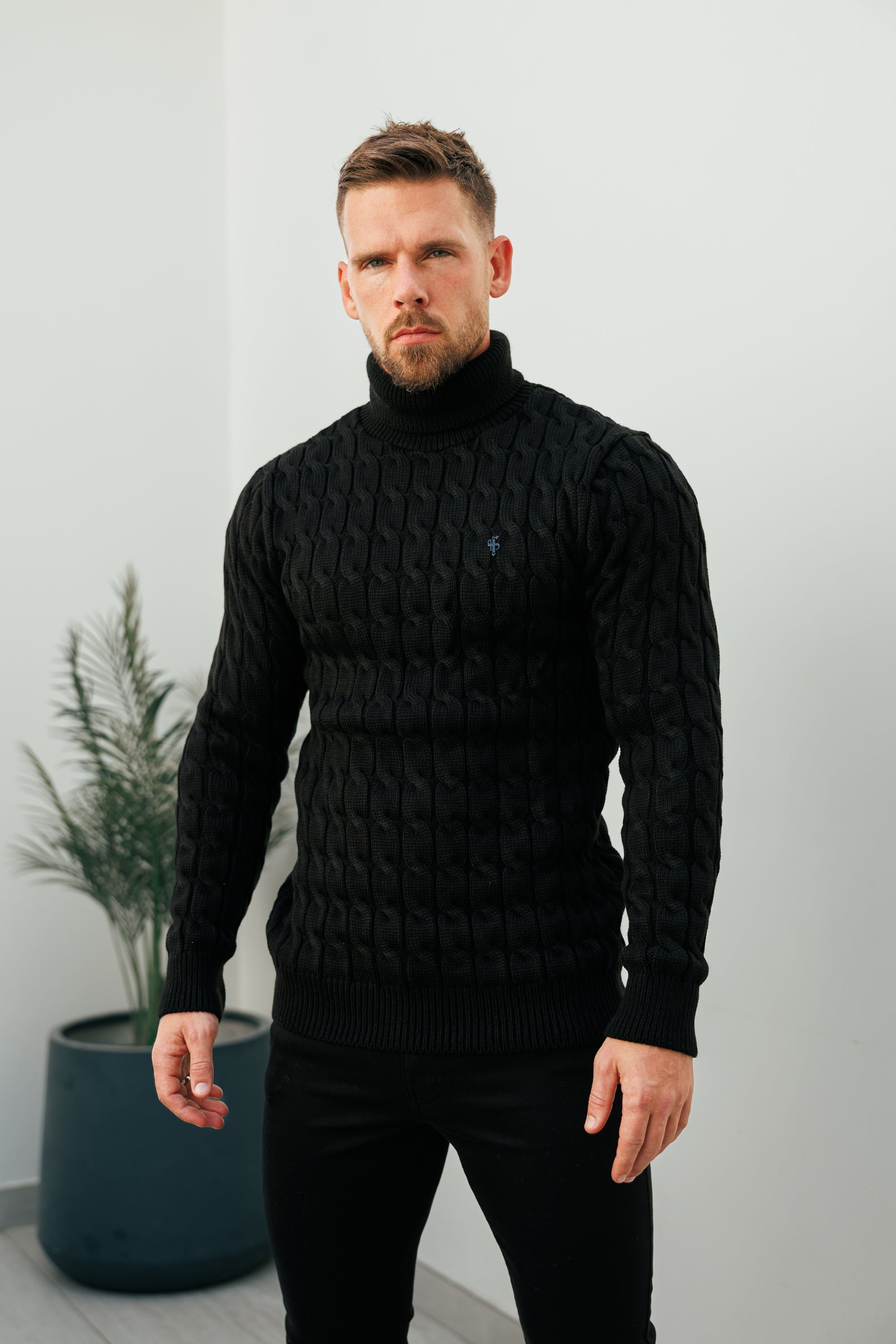 Link Weave Knit Black Roll Neck Jumper - FSJ101