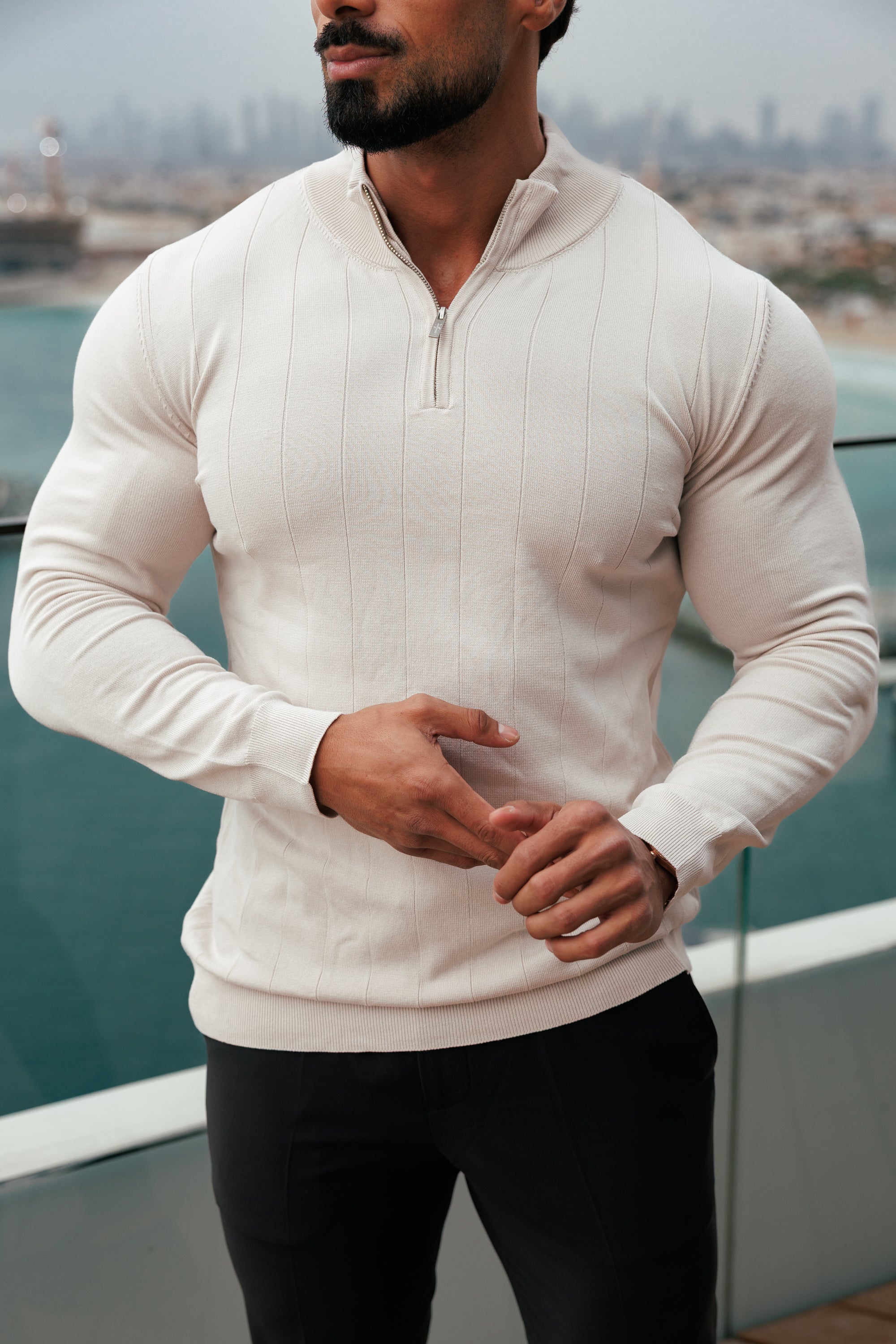 Self Stripe 1/4 Zip Funnel Neck Knit Jumper Cream Long Sleeve  -  FSR052