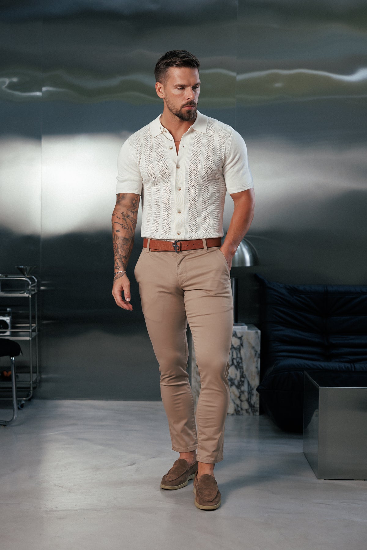 Cream Diamond Stripe Perforated Shirt Short Sleeve - FSA024