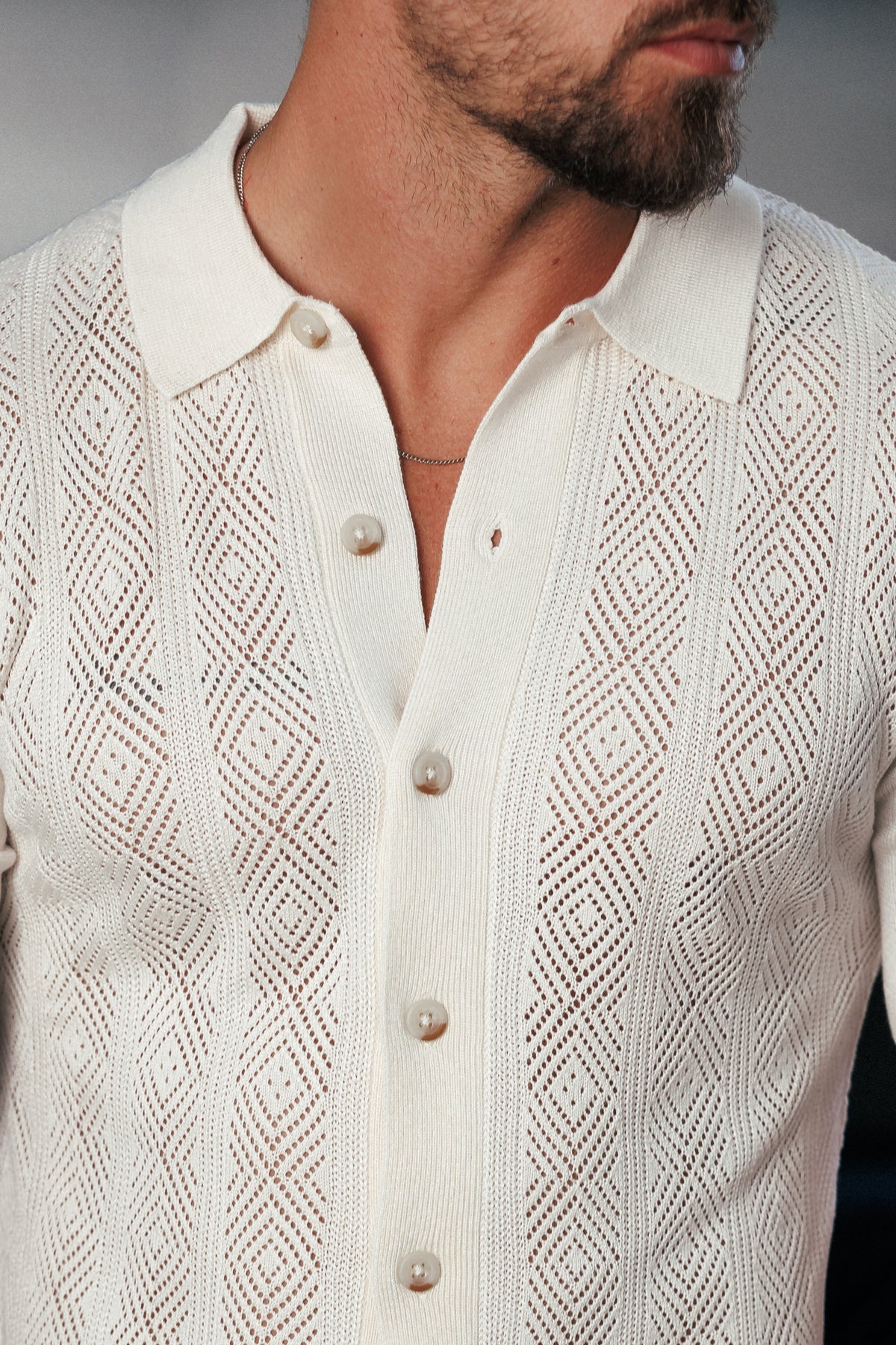 Cream Diamond Stripe Perforated Shirt Short Sleeve - FSA024