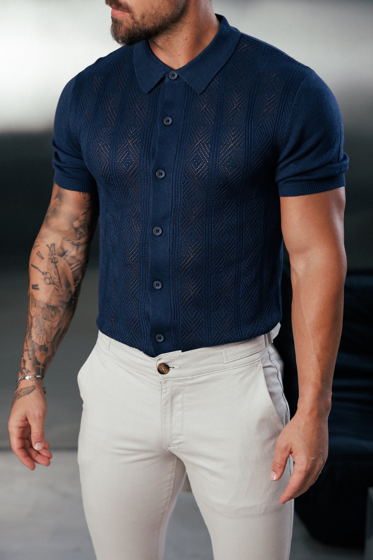 Navy Diamond Stripe Perforated Shirt Short Sleeve - FSA023