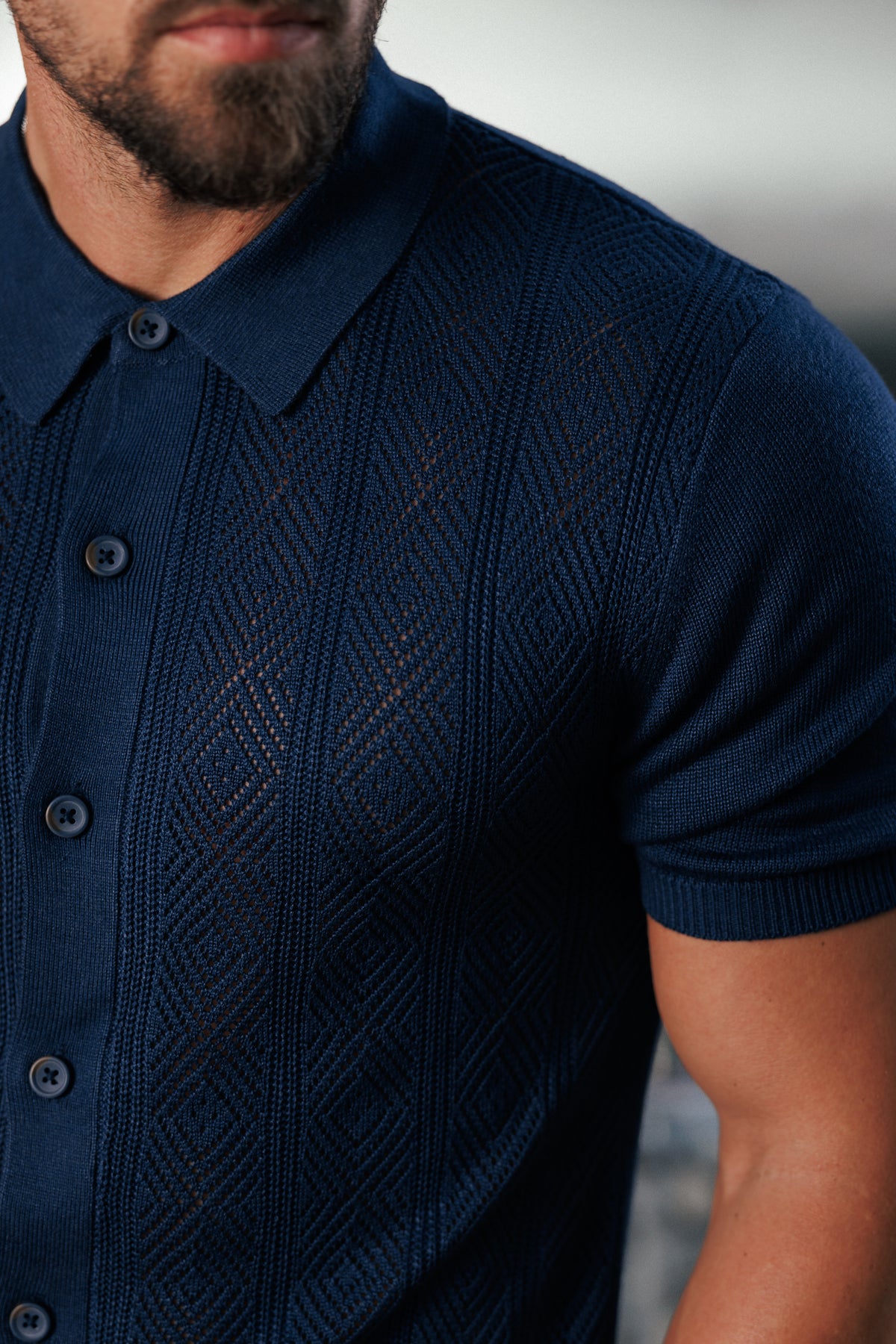 Navy Diamond Stripe Perforated Shirt Short Sleeve - FSA023