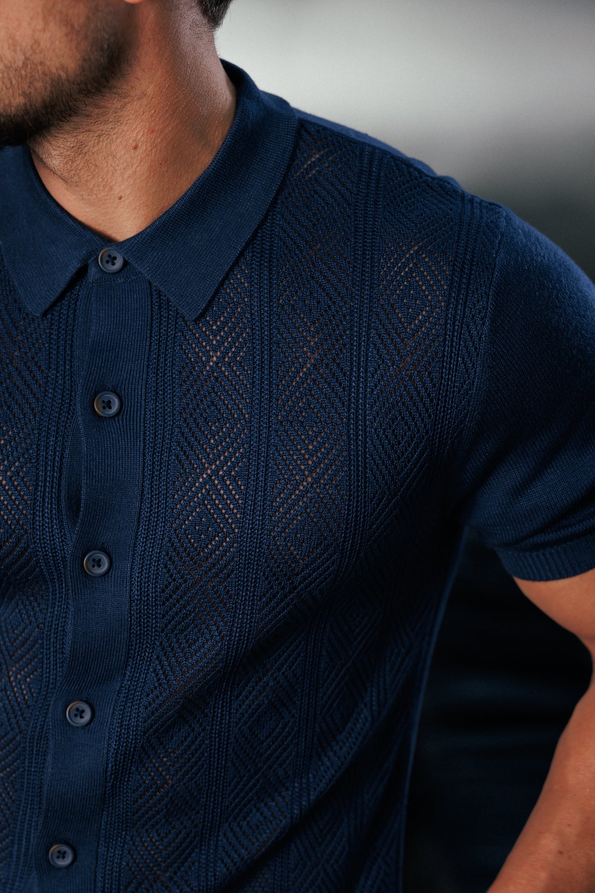 Navy Diamond Stripe Perforated Shirt Short Sleeve - FSA023