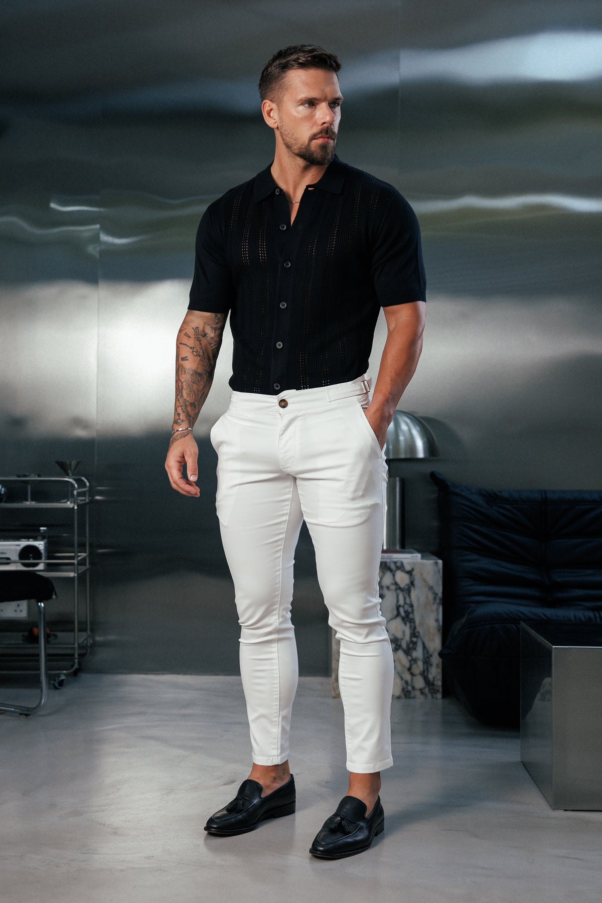 Black Stripe Perforated Shirt Short Sleeve -  FSA019