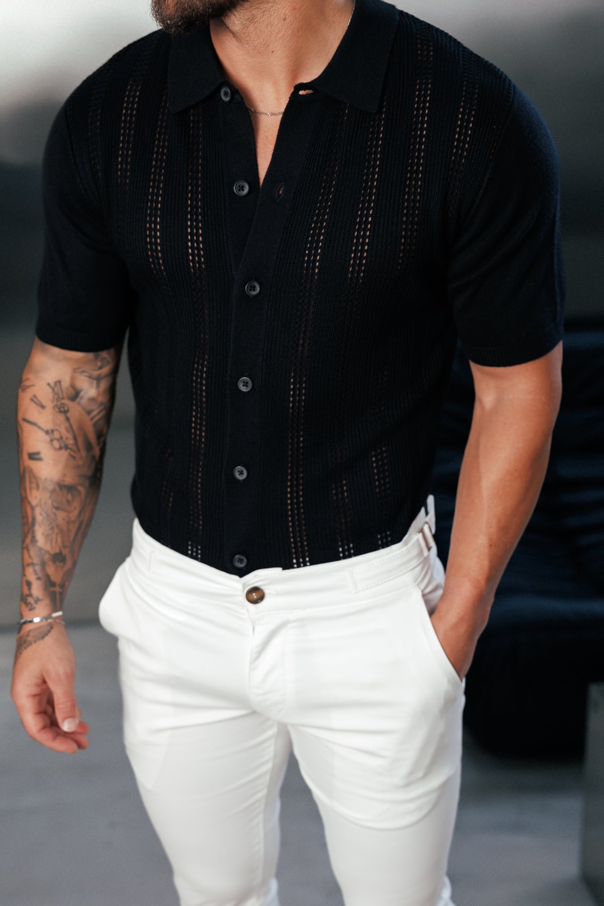 Black Stripe Perforated Shirt Short Sleeve -  FSA019