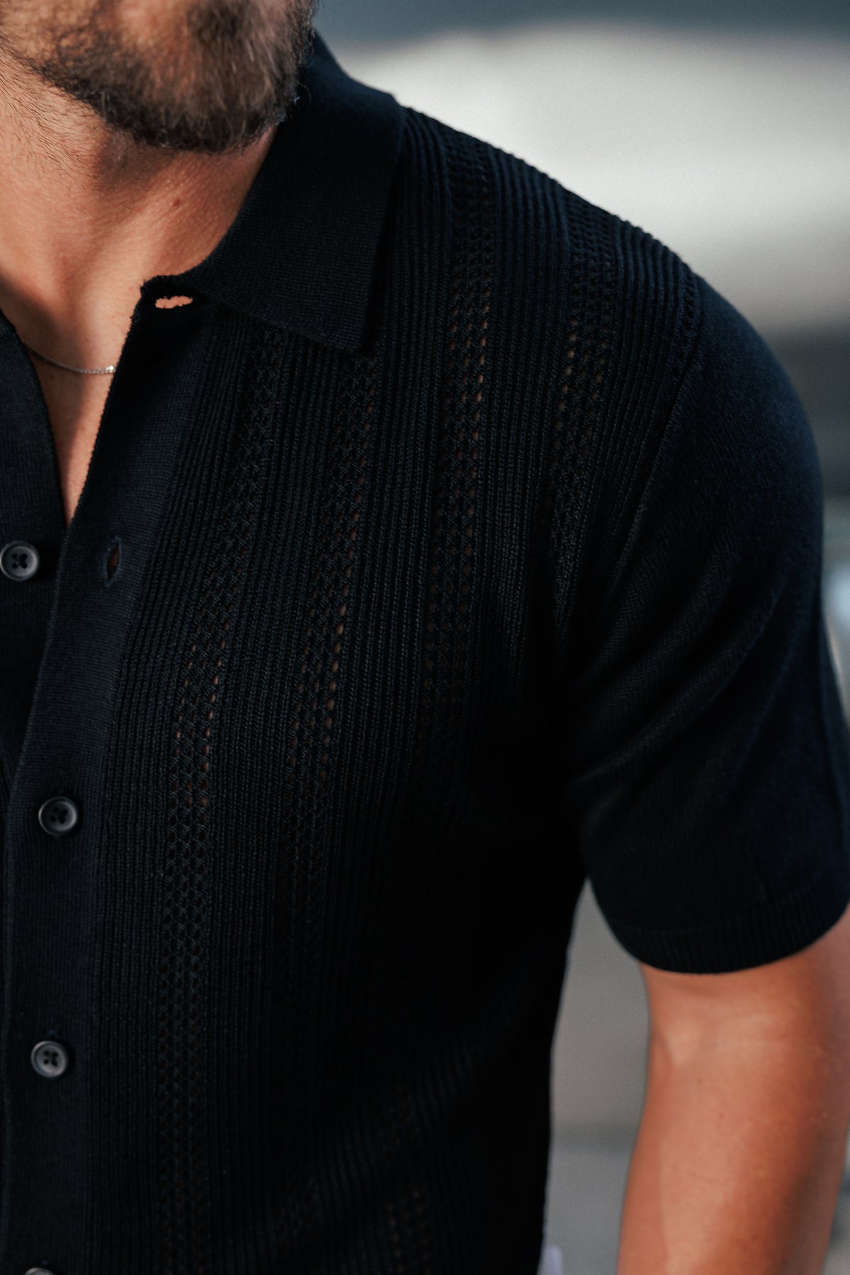 Black Stripe Perforated Shirt Short Sleeve -  FSA019