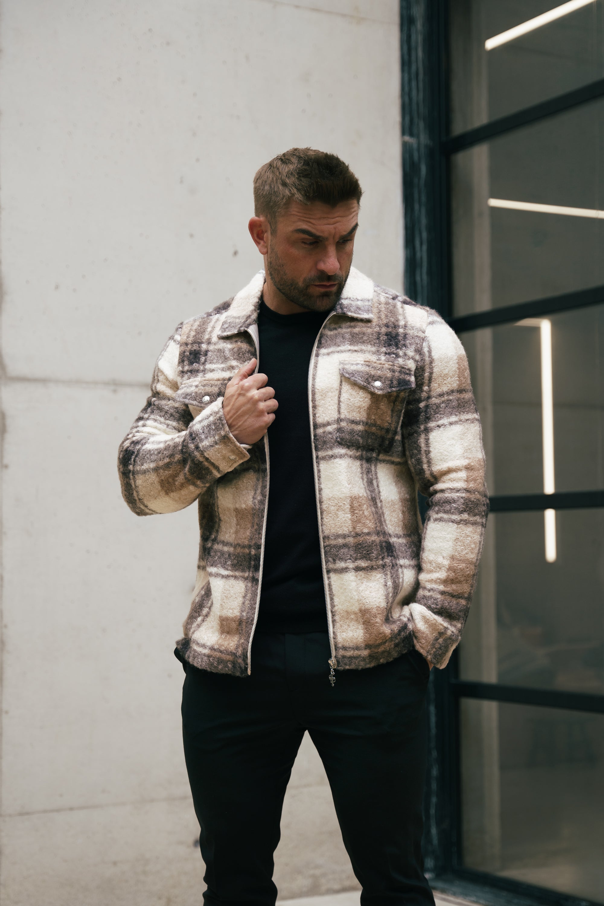 Boucle Zipped Check Jacket Taupe - FSN155