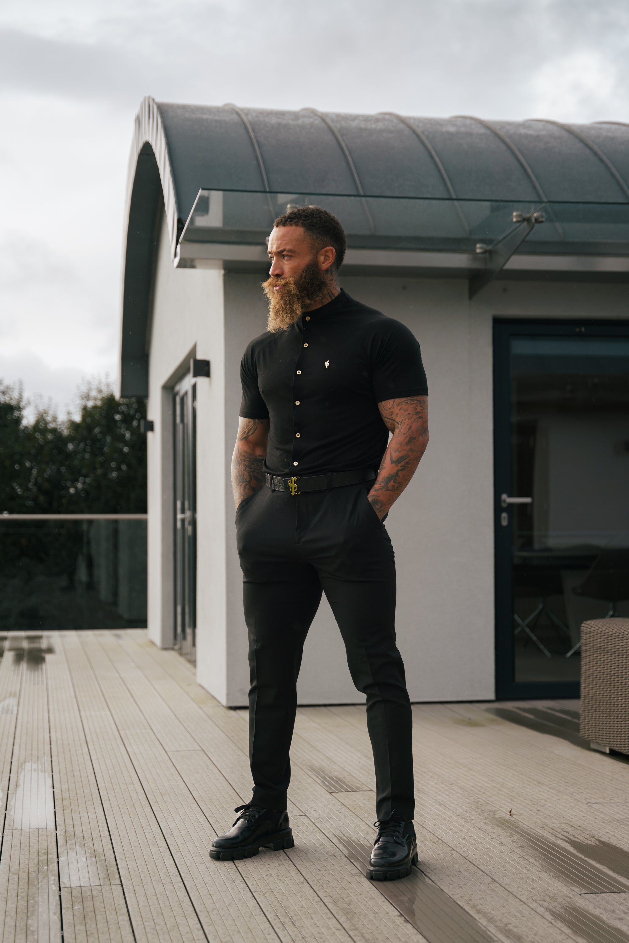 Slim Bamboo Raglan Grandad Collar Black - FSH1133