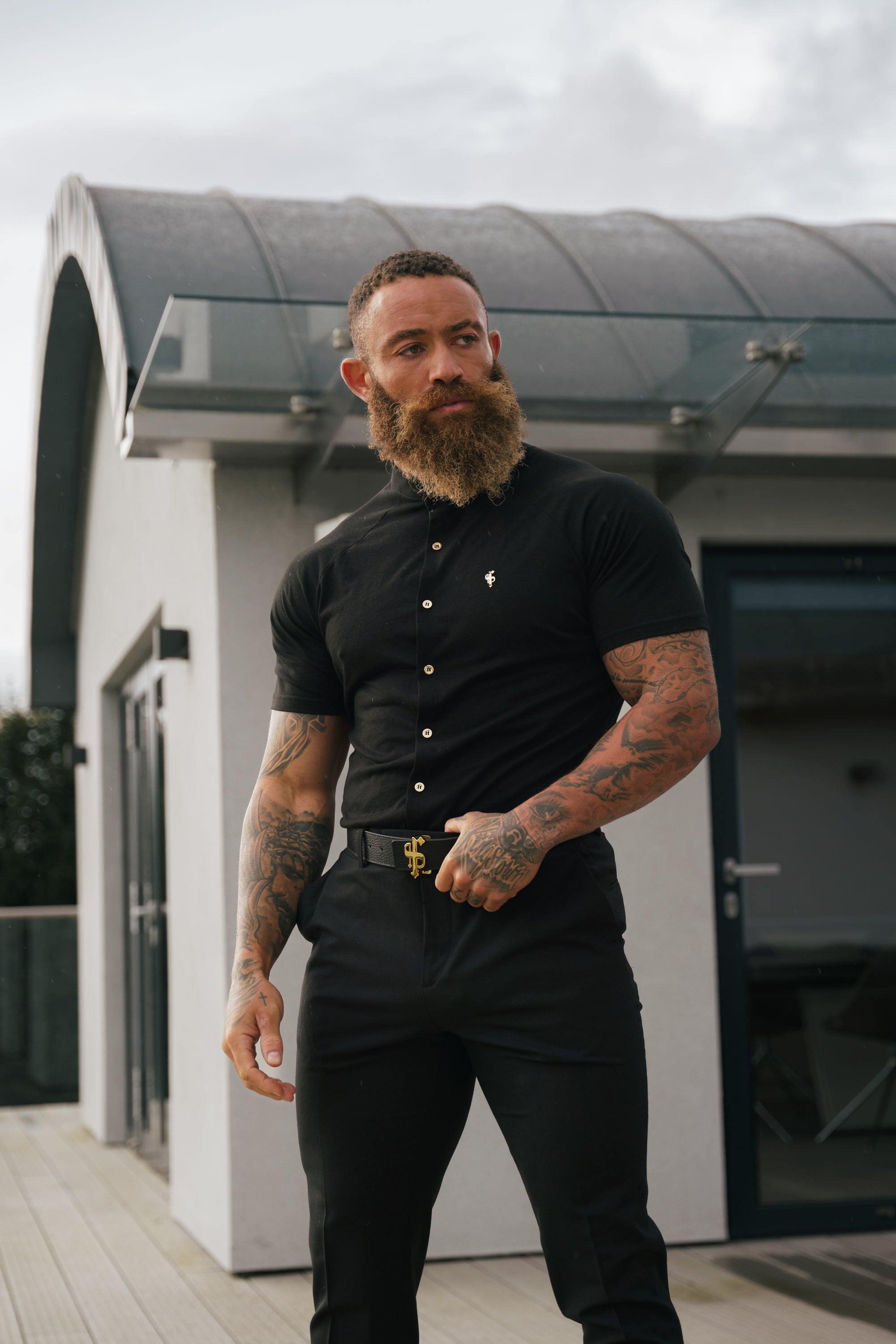 Slim Bamboo Raglan Grandad Collar Black - FSH1133