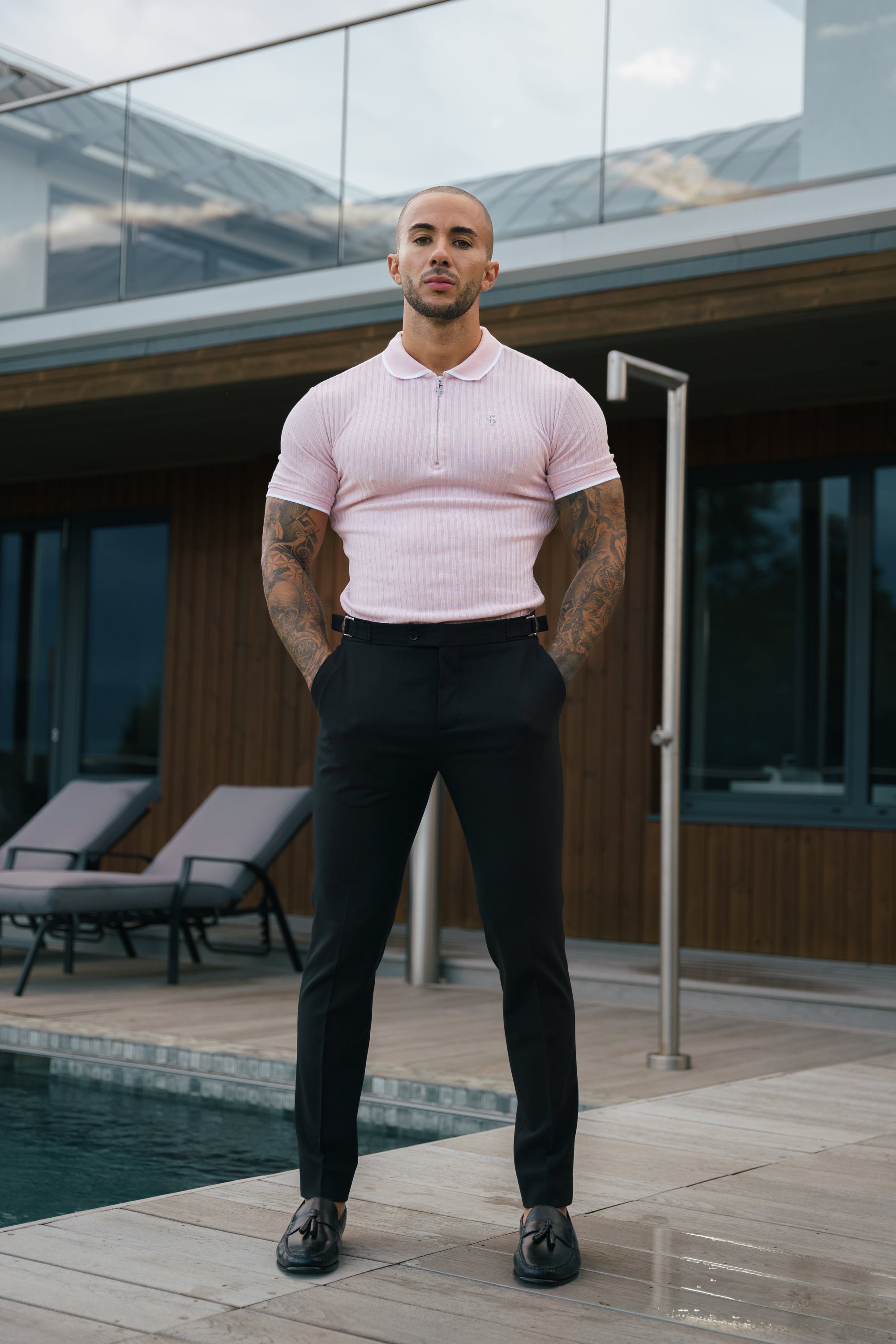 Classic Powder Pink Ribbed Zip Polo with Contrast Short Sleeve - FSH1105