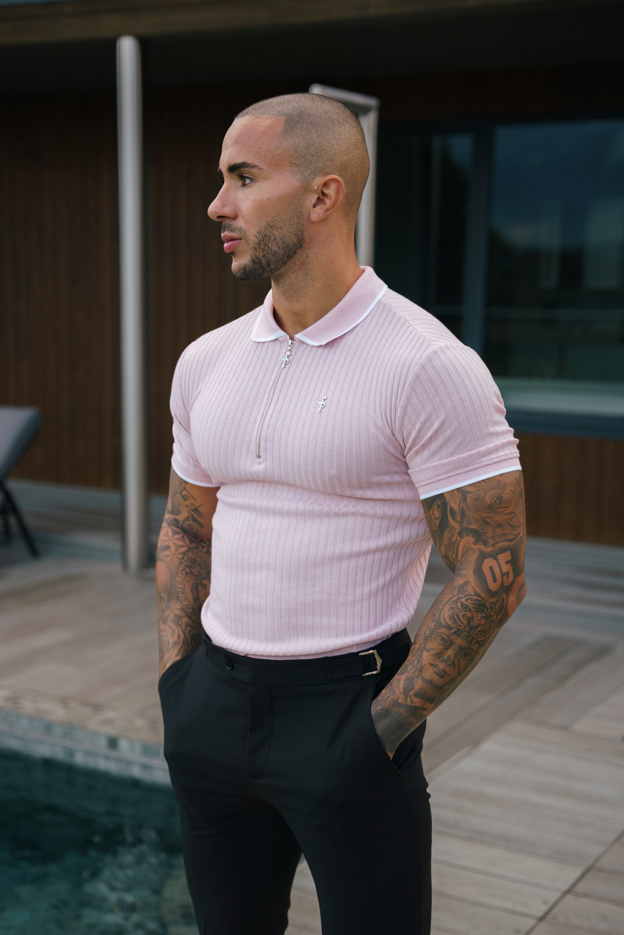 Classic Powder Pink Ribbed Zip Polo with Contrast Short Sleeve - FSH1105