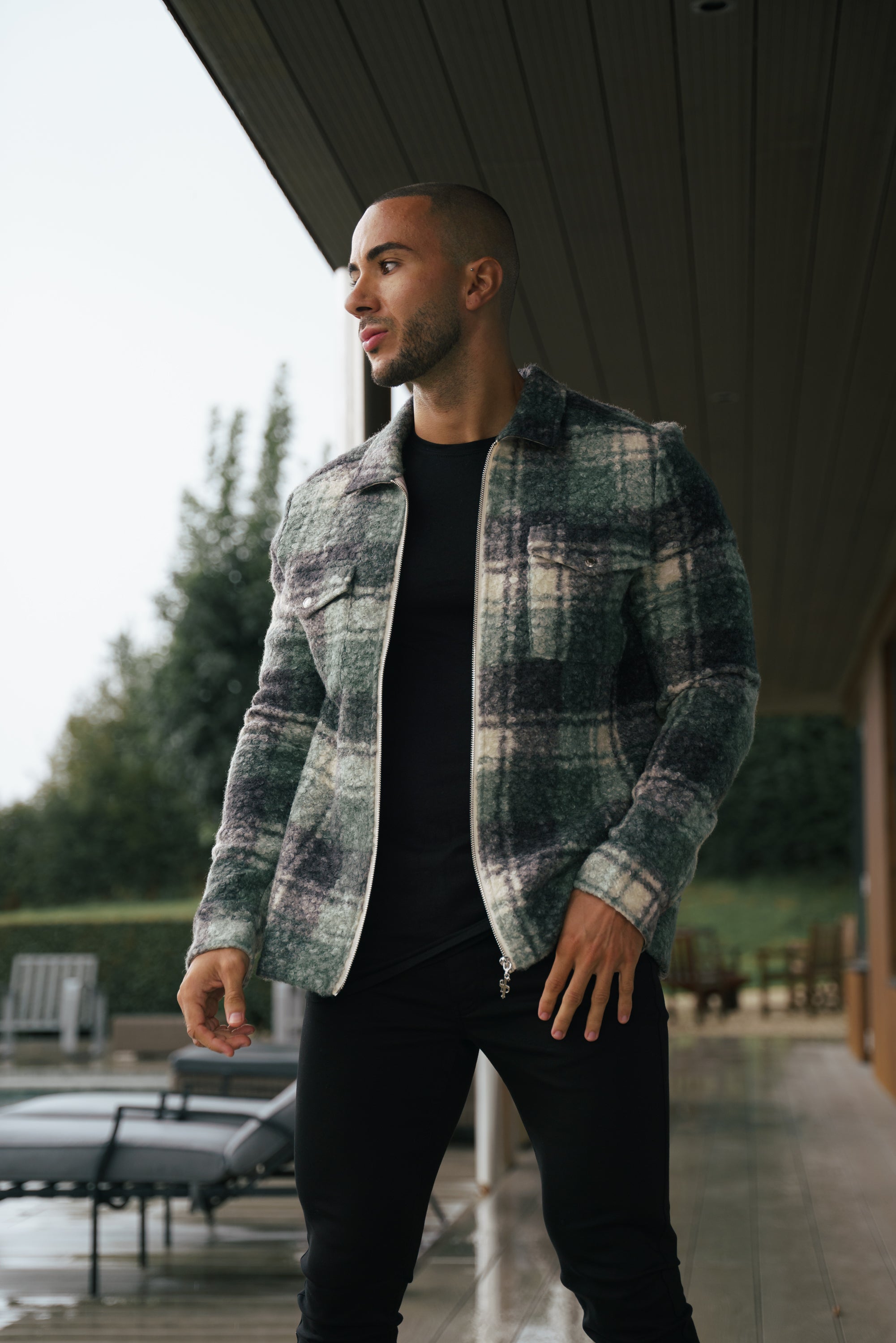 Boucle Zipped Check Jacket Green - FSN156