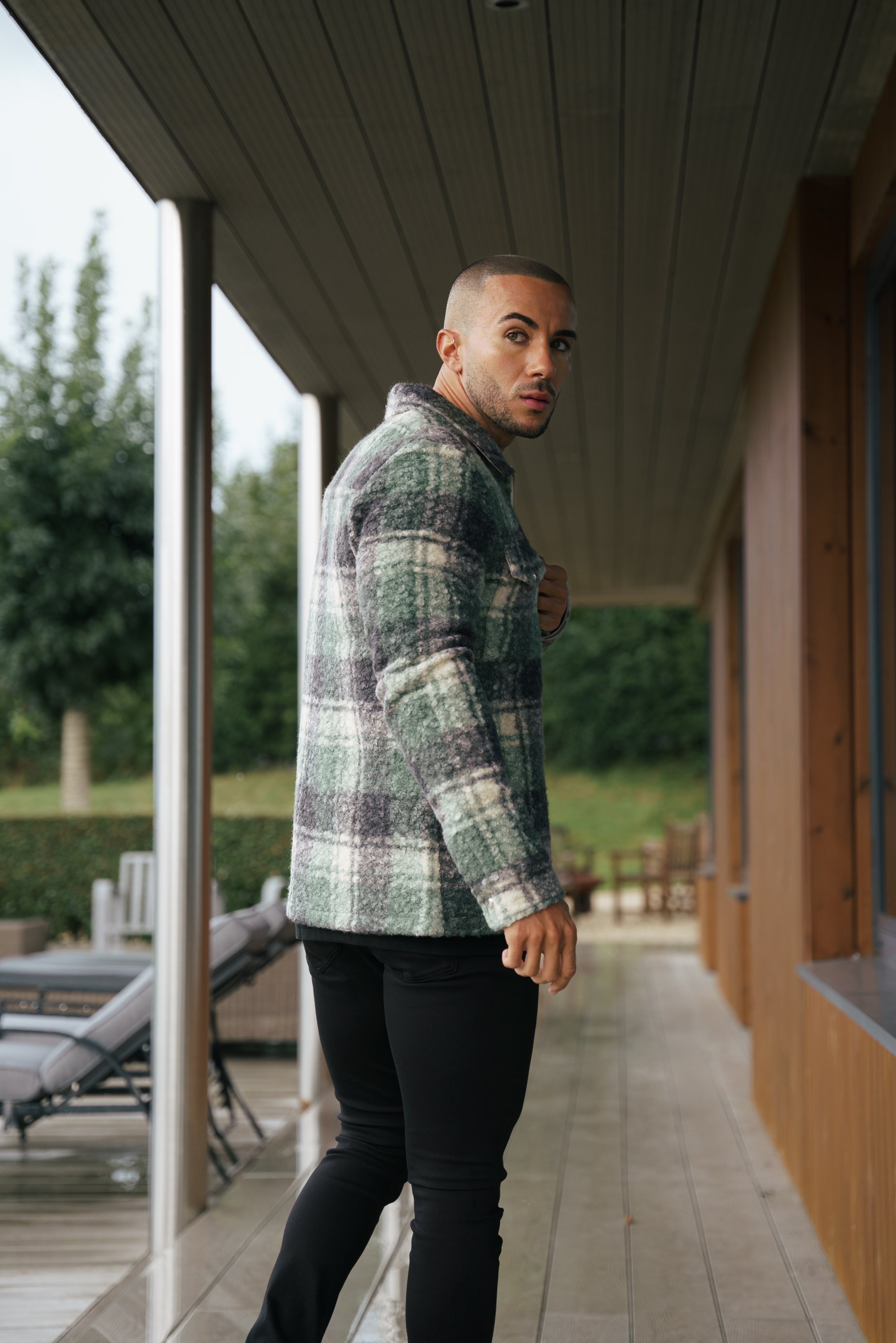 Boucle Zipped Check Jacket Green - FSN156