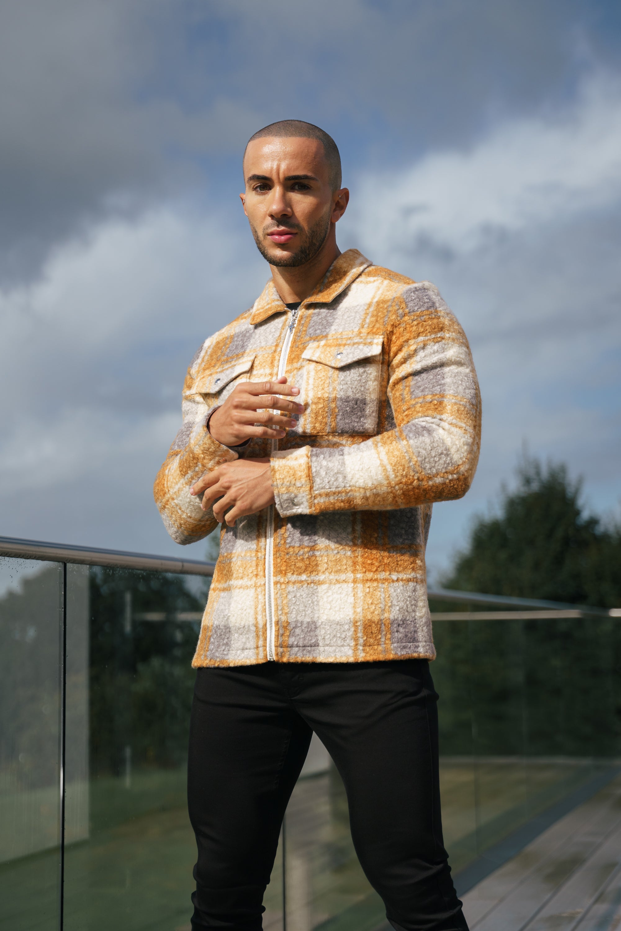 Boucle Zipped Check Jacket Tan - FSN157