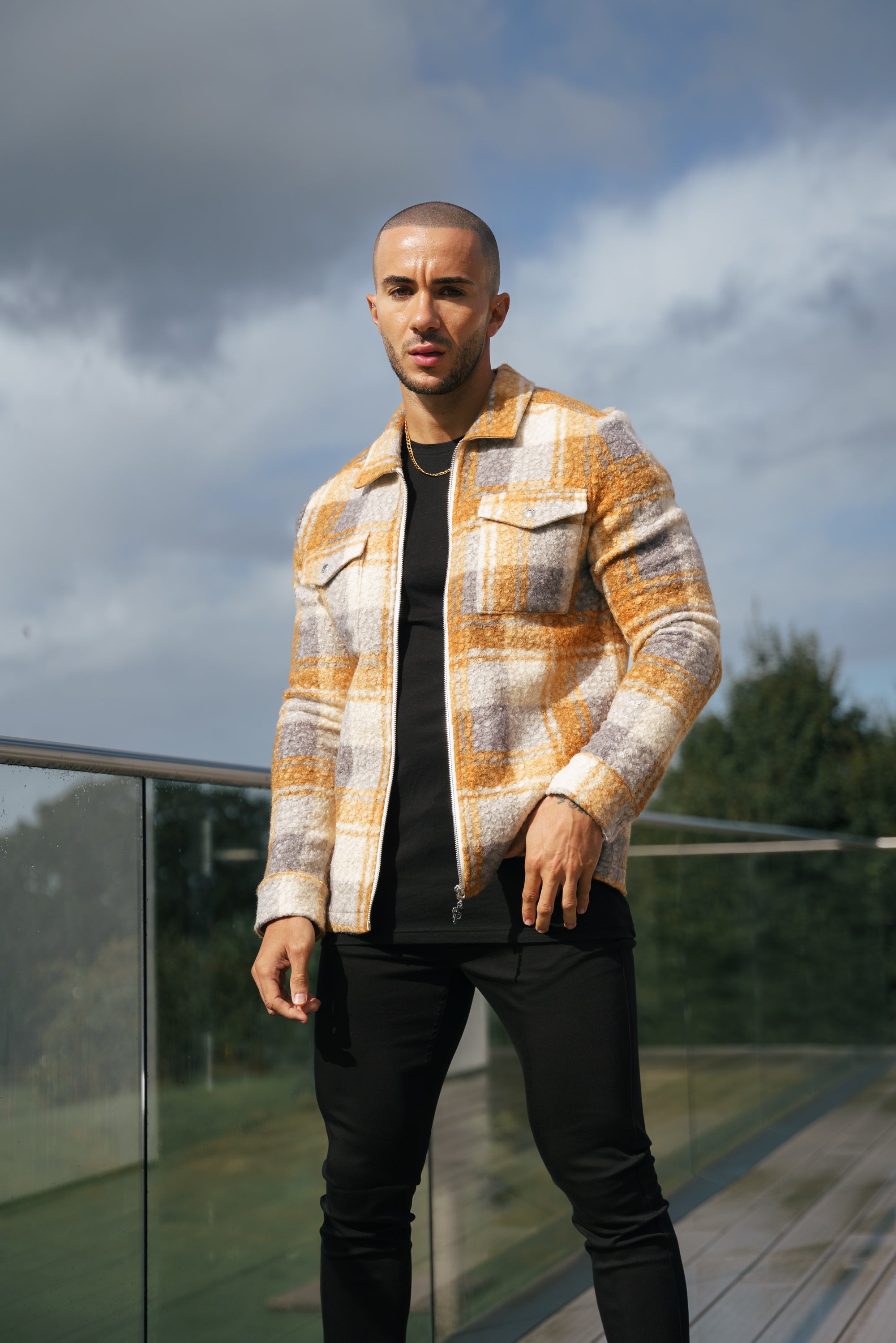 Boucle Zipped Check Jacket Tan - FSN157