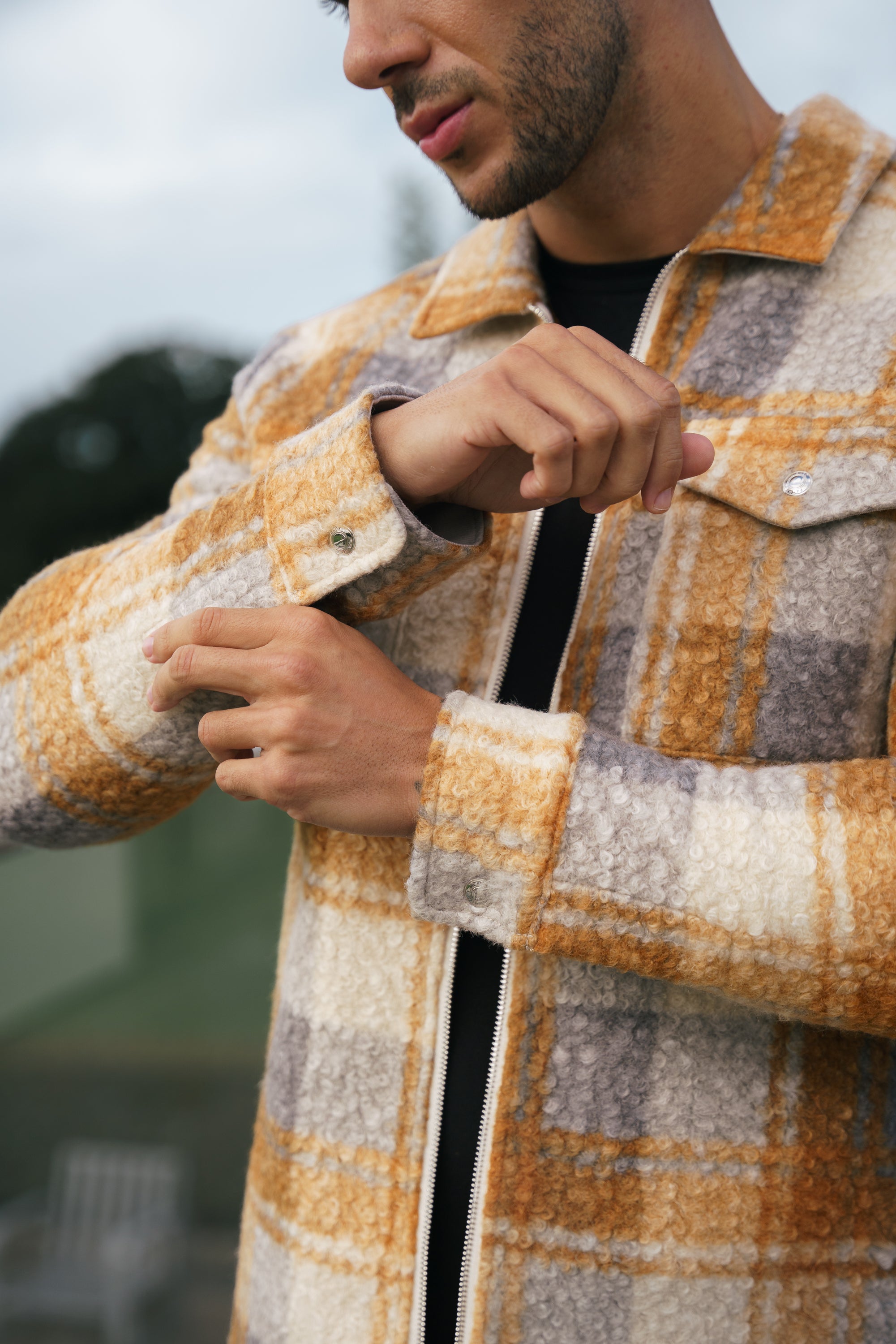 Boucle Zipped Check Jacket Tan - FSN157