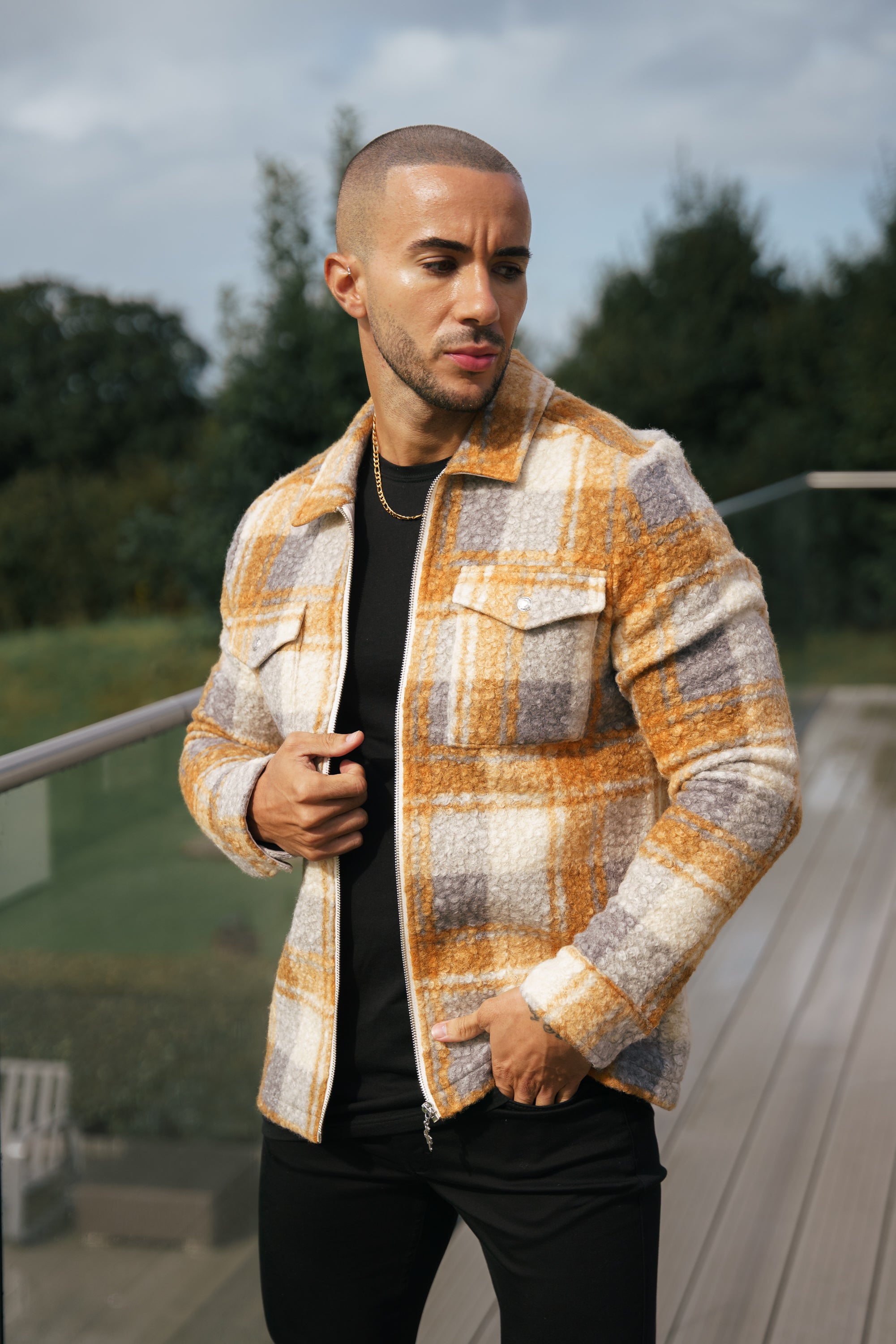 Boucle Zipped Check Jacket Tan - FSN157