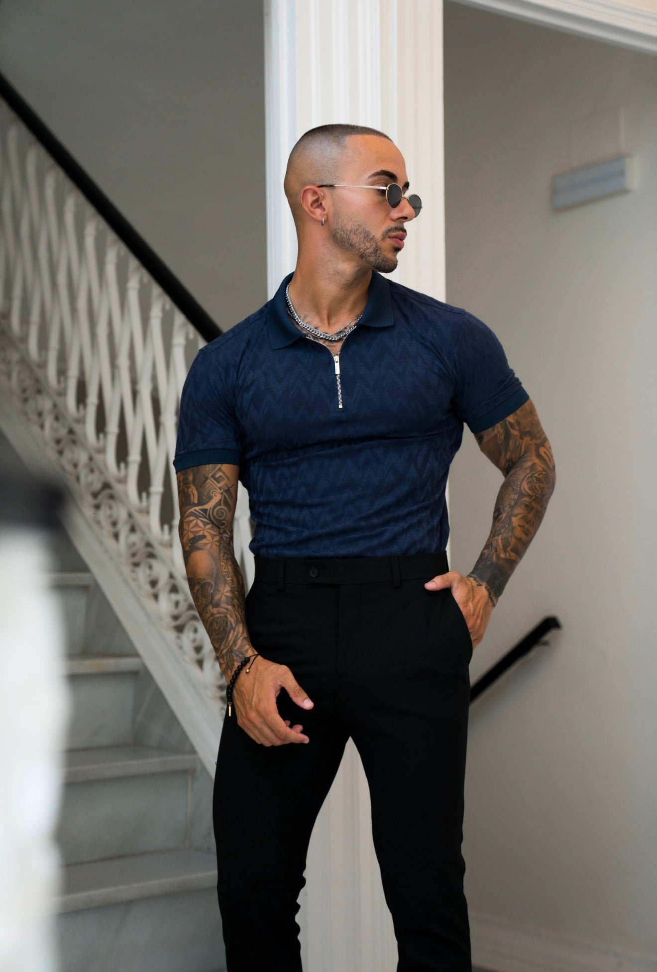Classic Jacquard Navy Chevron Zipped Polo - FSR021