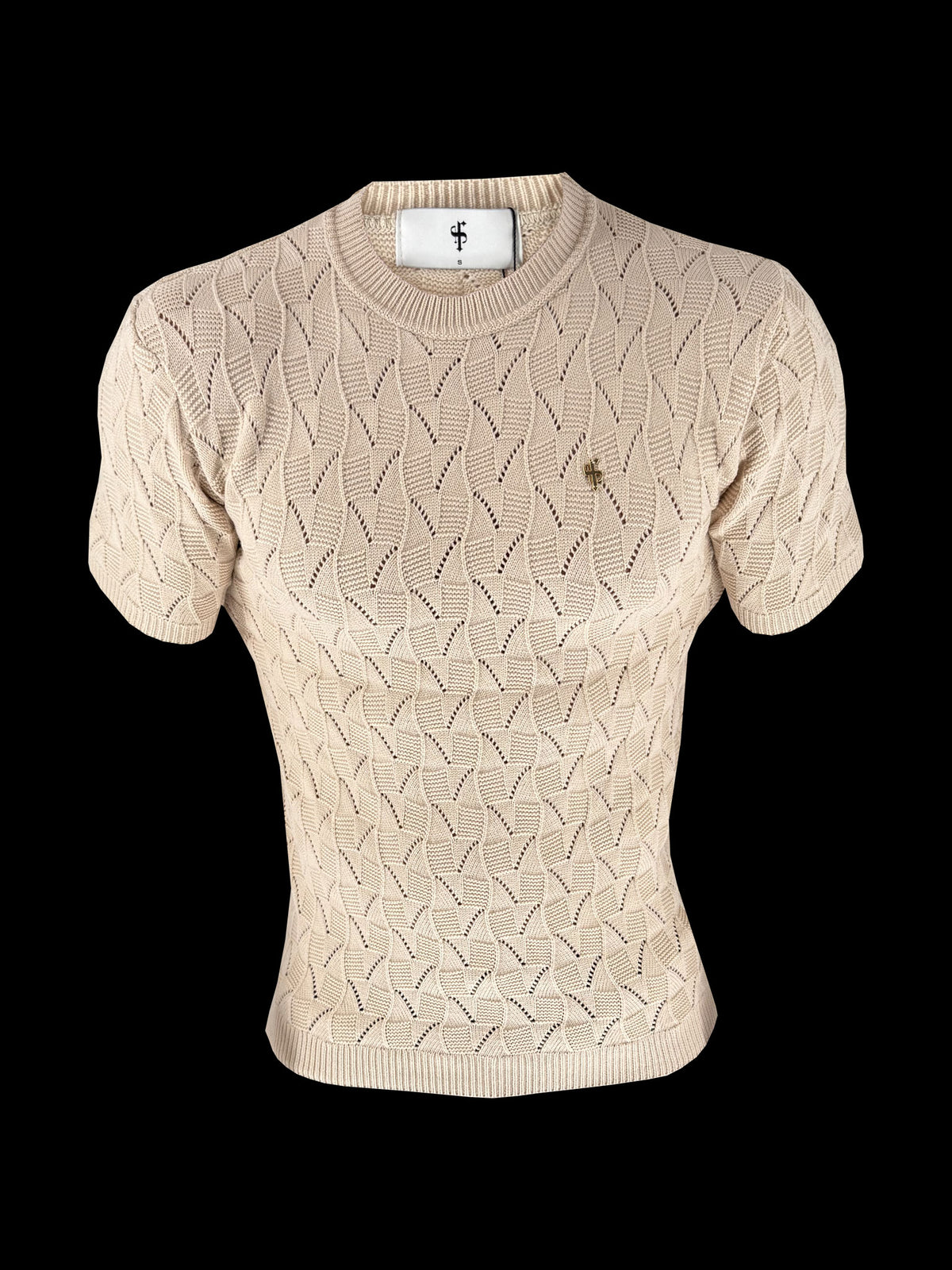 Beige Wave Weave Knit Short Sleeve Sleeve T-Shirt - FSJ171