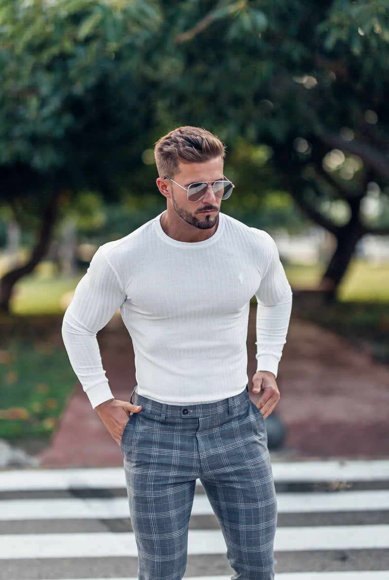 Father Sons Classic White Ribbed Knit Sweater With Tonal Embroidery - FSH942