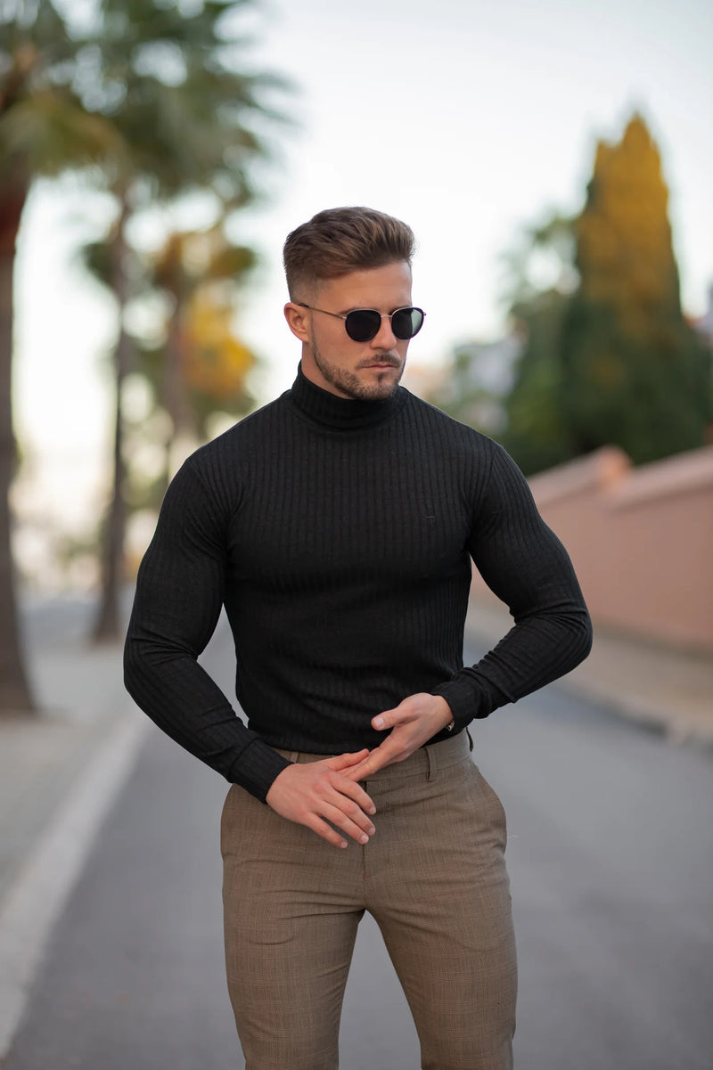 Father Sons Classic Black Ribbed Knit Roll-neck Sweater - FSH952