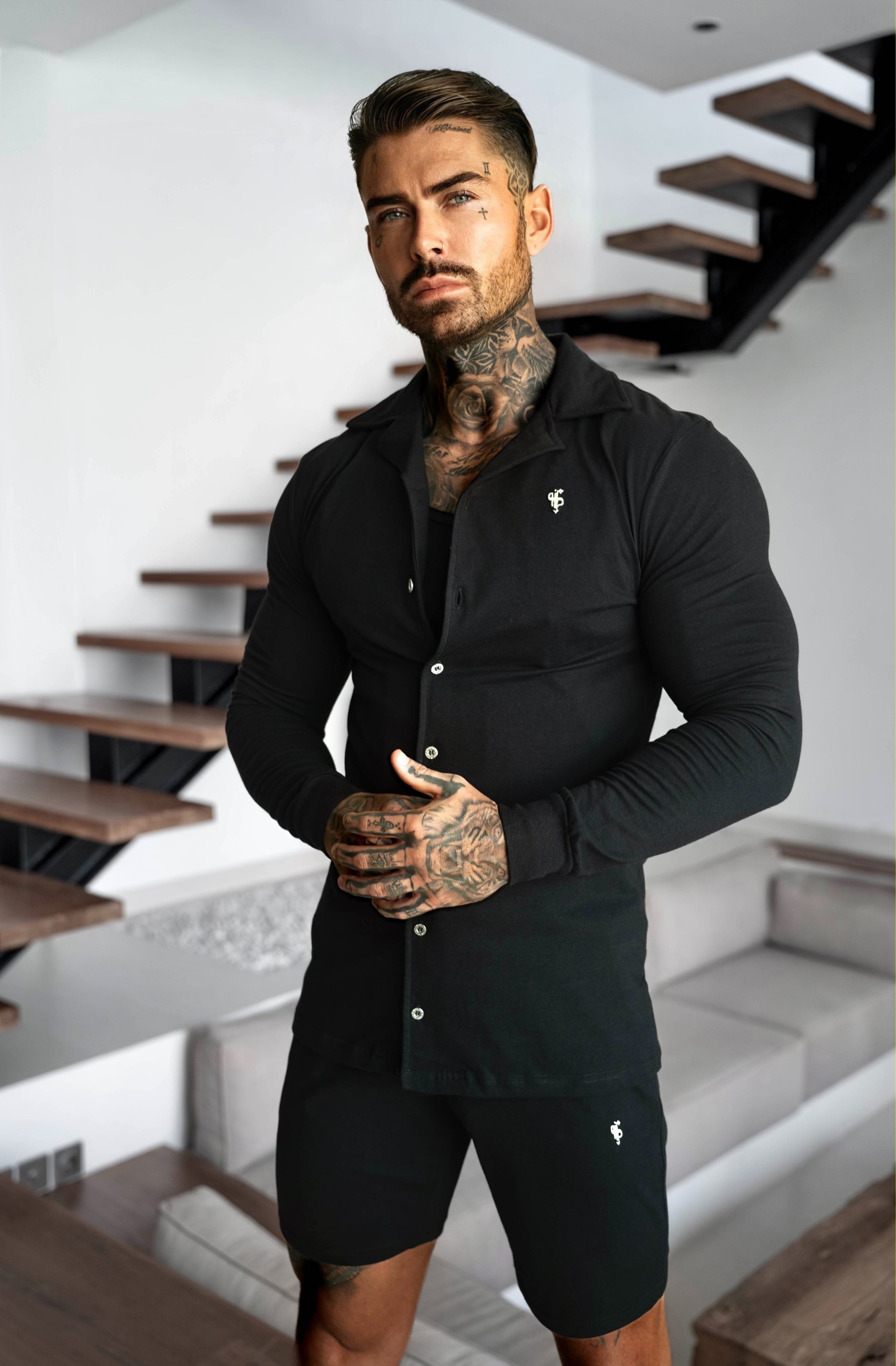 Stretch Black Pique Revere Shirt Long Sleeve - FSH1351