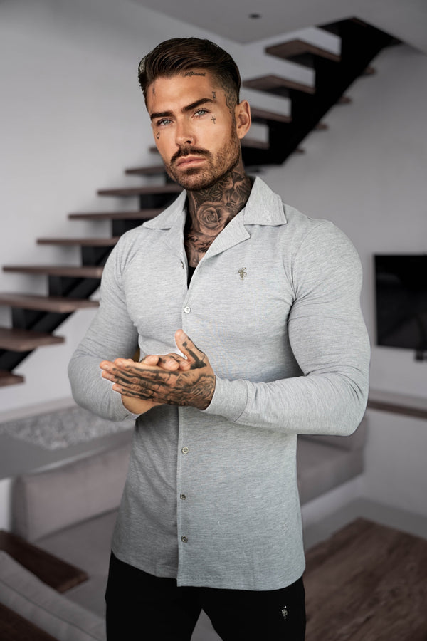 Father Sons Stretch Light Grey Pique Revere Shirt Long Sleeve - FSH1353