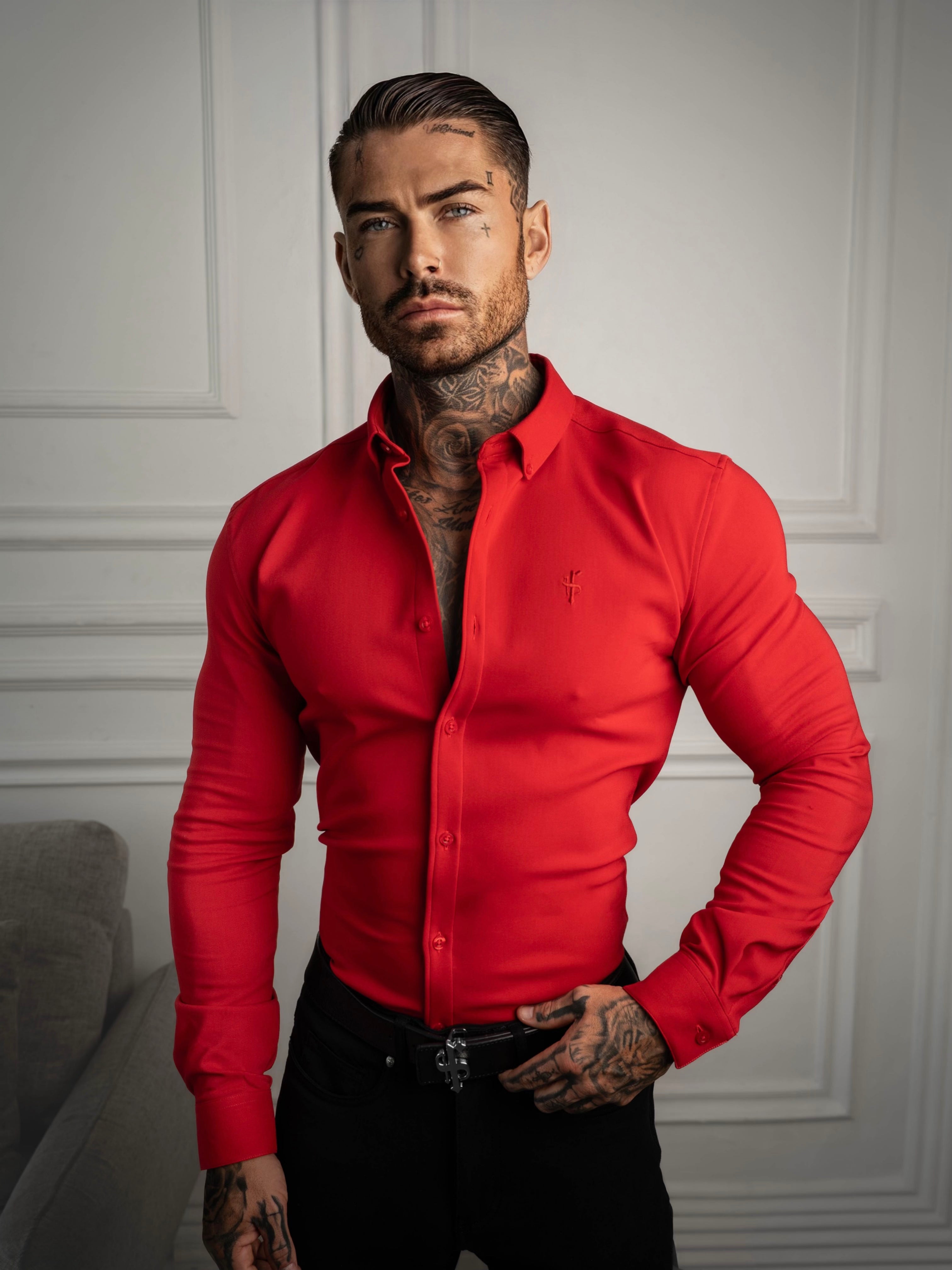 Super Slim LS Postbox Red Scuba with Button Down Collar - FS1186