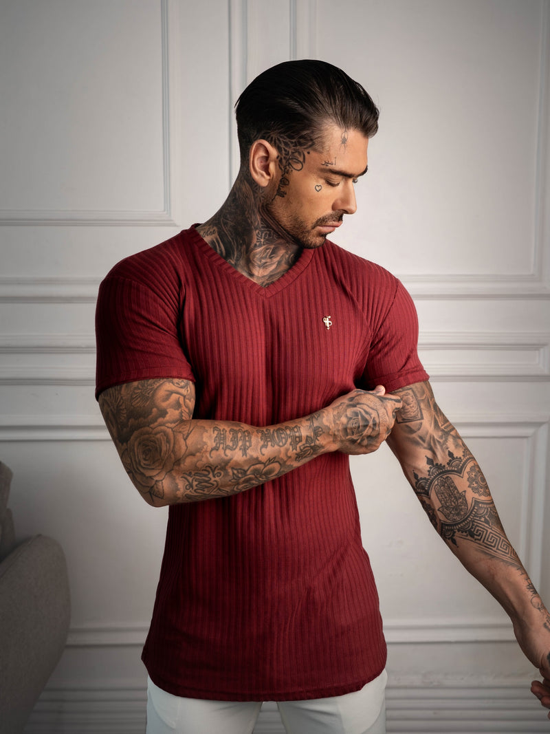 Father Sons Super Slim Burgundy / Gold V Neck Ribbed Crew - FSH1367