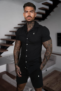 Father Sons Stretch Black / Silver Pique Revere Shirt Short Sleeve - FSH1355