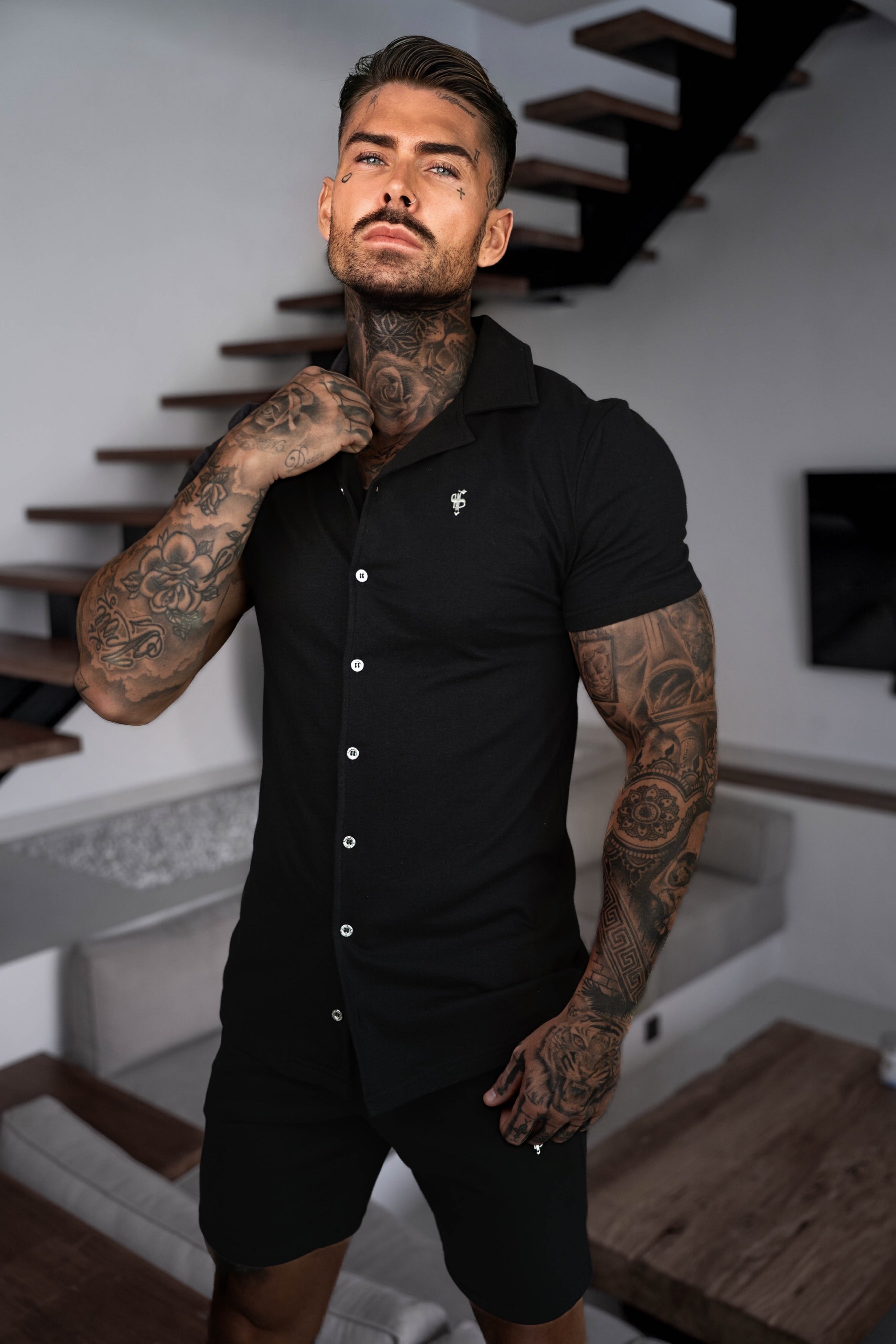 Stretch Black / Silver Pique Revere Shirt Short Sleeve - FSH1355