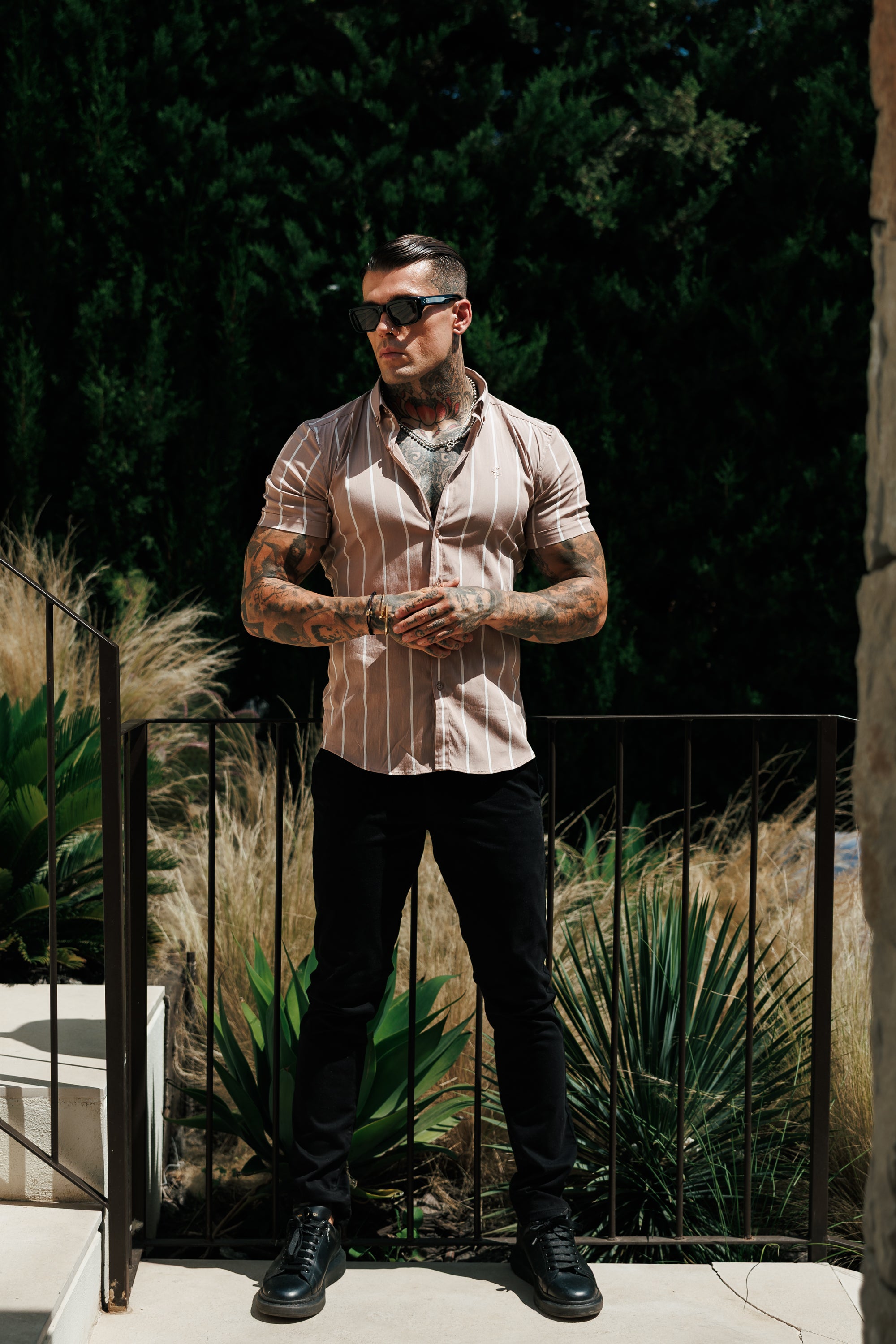 Super Slim Stretch Taupe Printed Wide Stripe Short Sleeve with Button Down Collar - FS1066