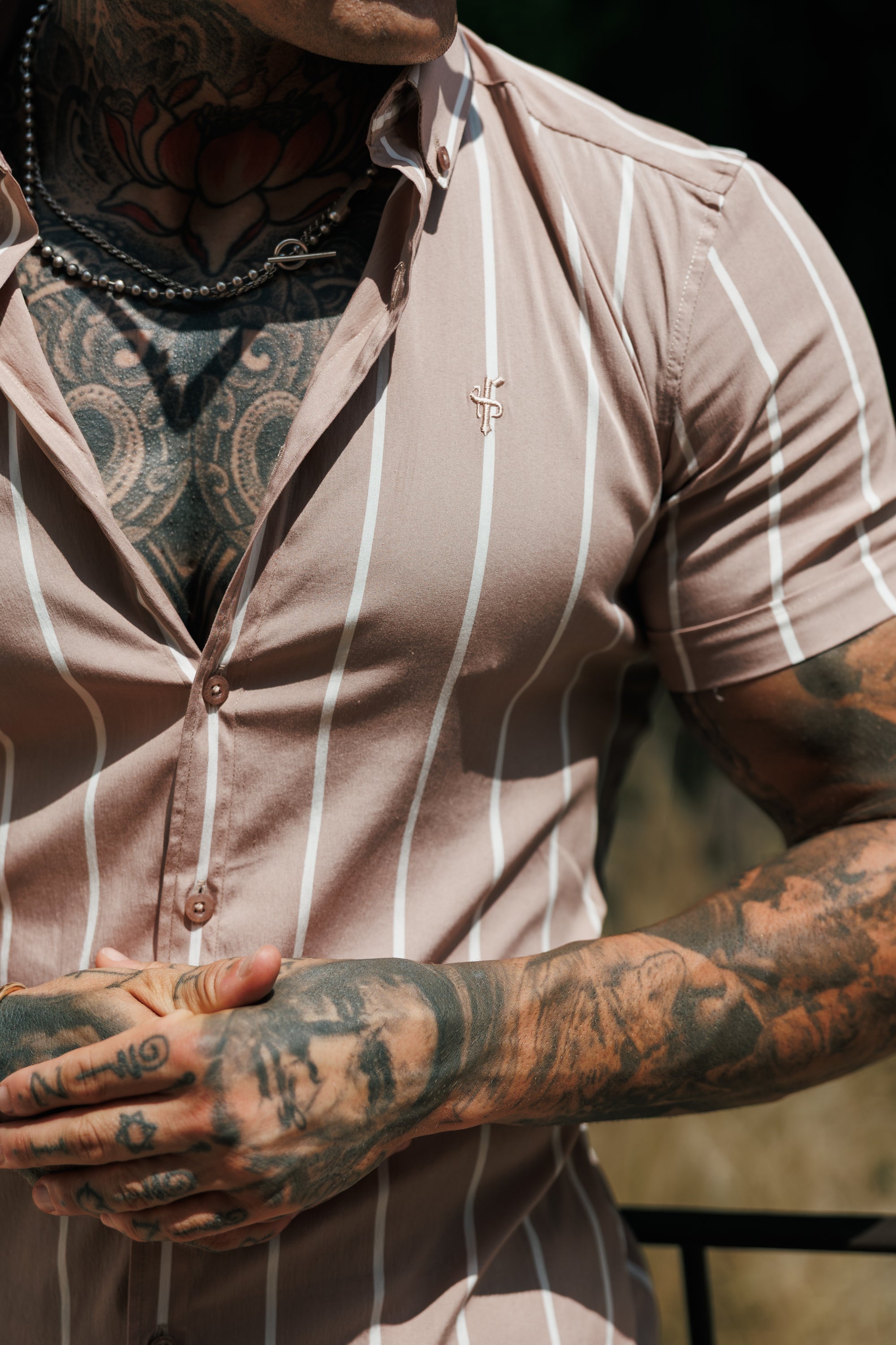 Super Slim Stretch Taupe Printed Wide Stripe Short Sleeve with Button Down Collar - FS1066