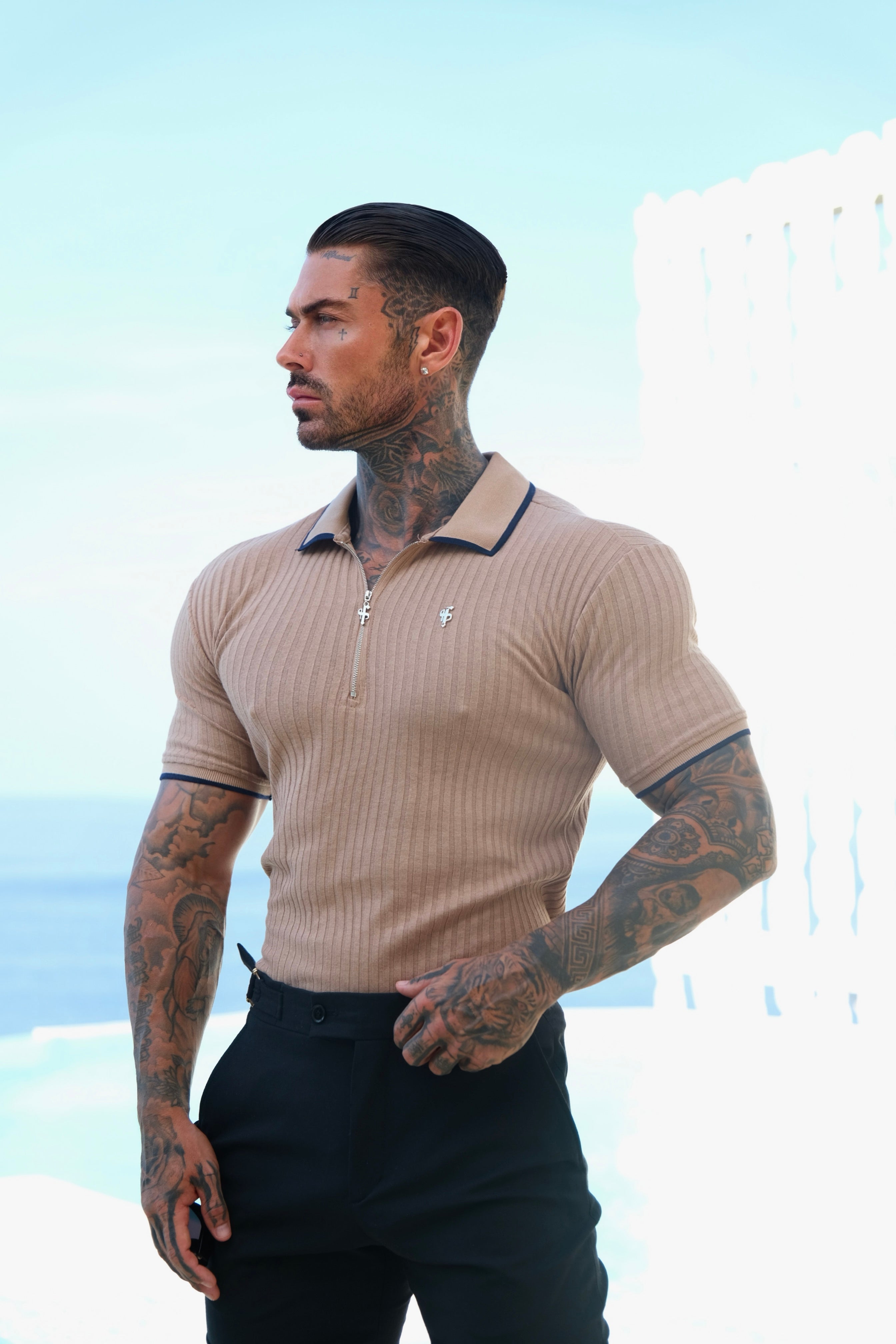 Classic Coffee Ribbed Zip Polo with Contrast Short Sleeve - FSH1104