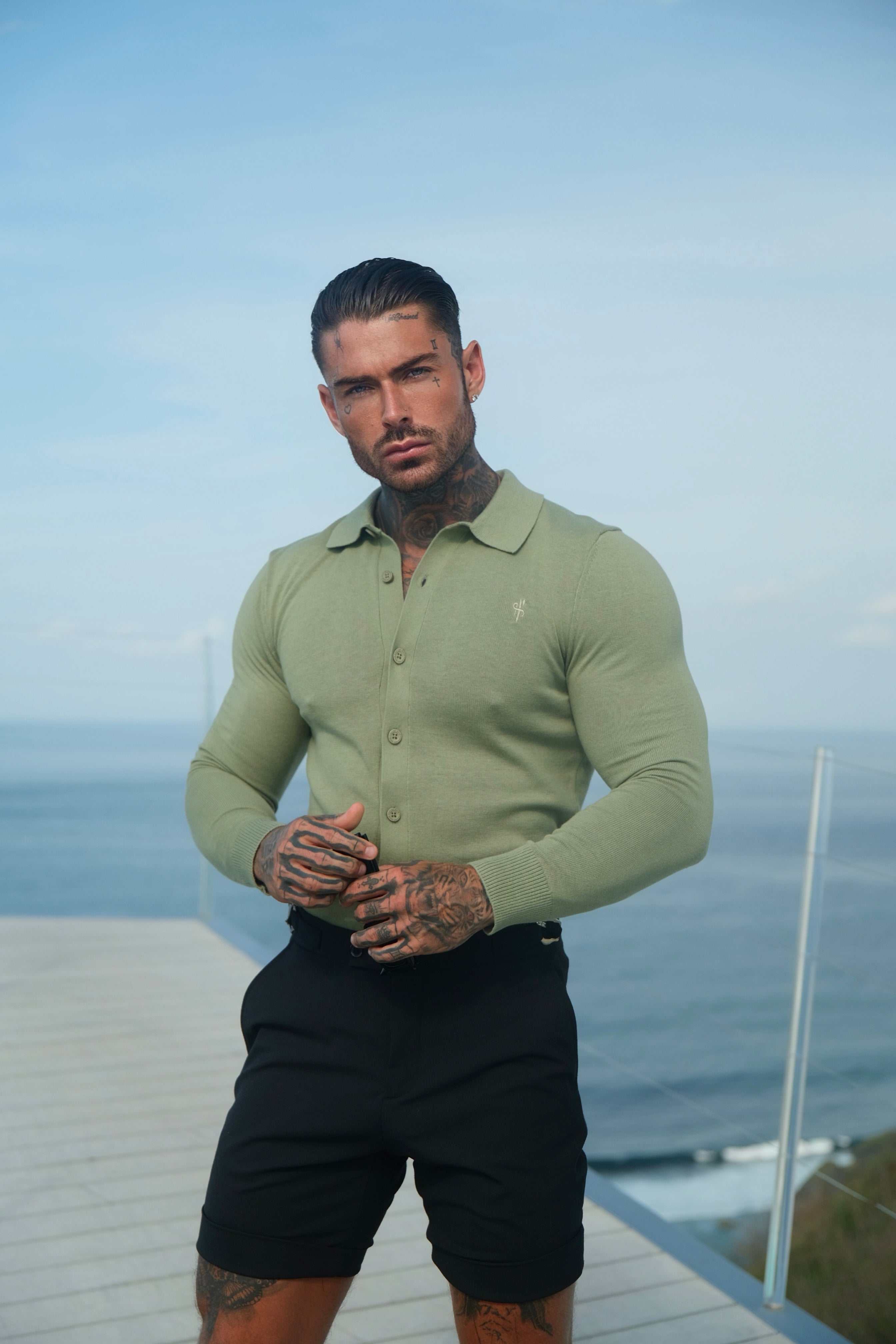 Classic Plain Olive Knitted Button Through Polo Long Sleeve - FSN170