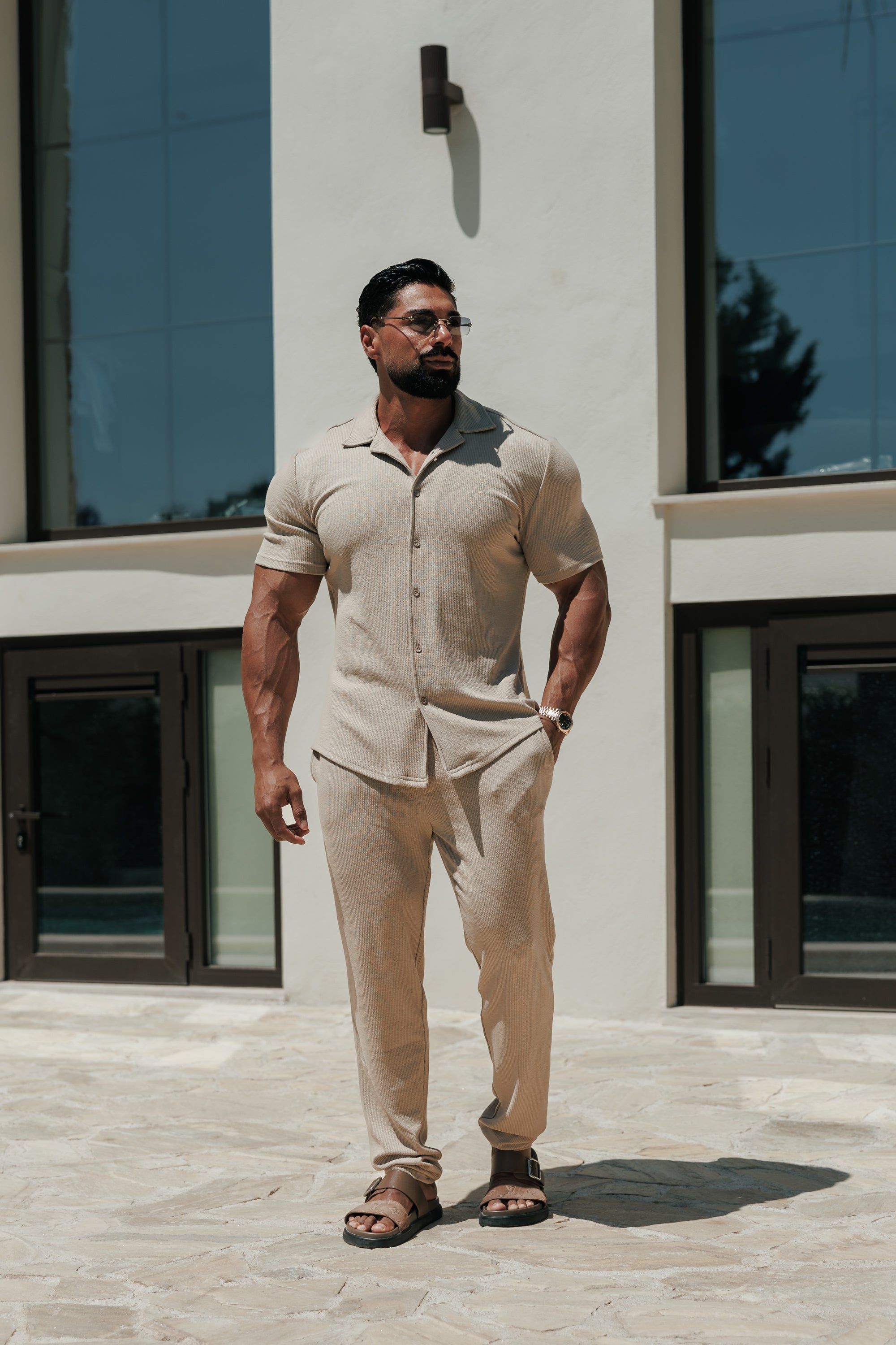Jersey Cord Stretch Beige Revere Shirt Short Sleeve - FSR073 (PRE ORDER 27TH JULY)