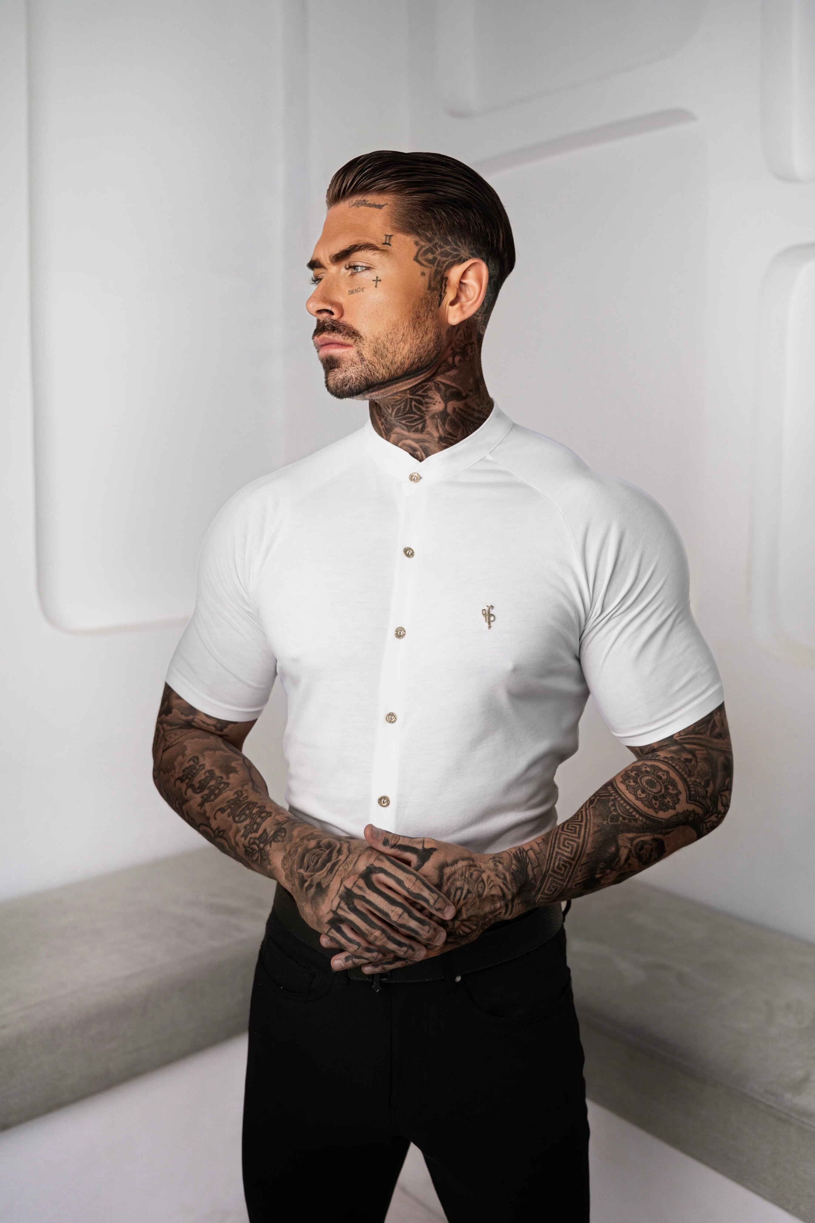 Bamboo Raglan Grandad Collar White Short Sleeve - FSH1166