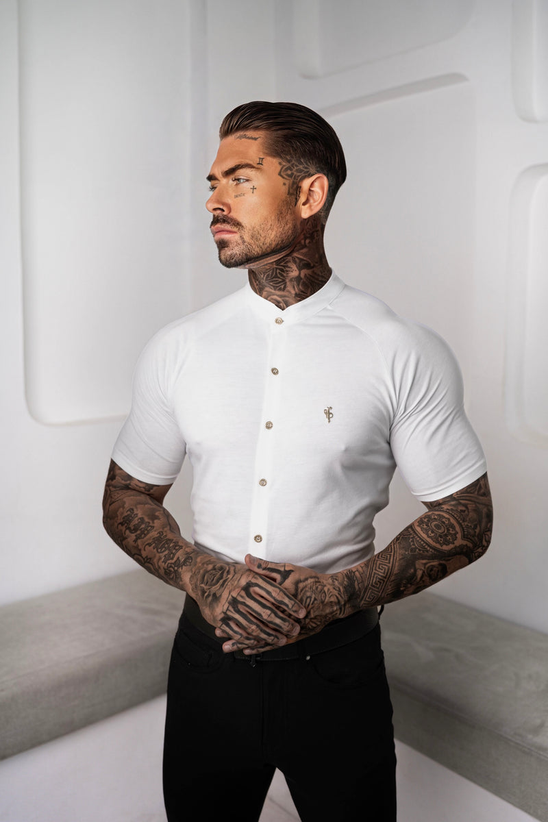 FS Slim Bamboo Raglan Grandad Collar White Short Sleeve - FSH1166