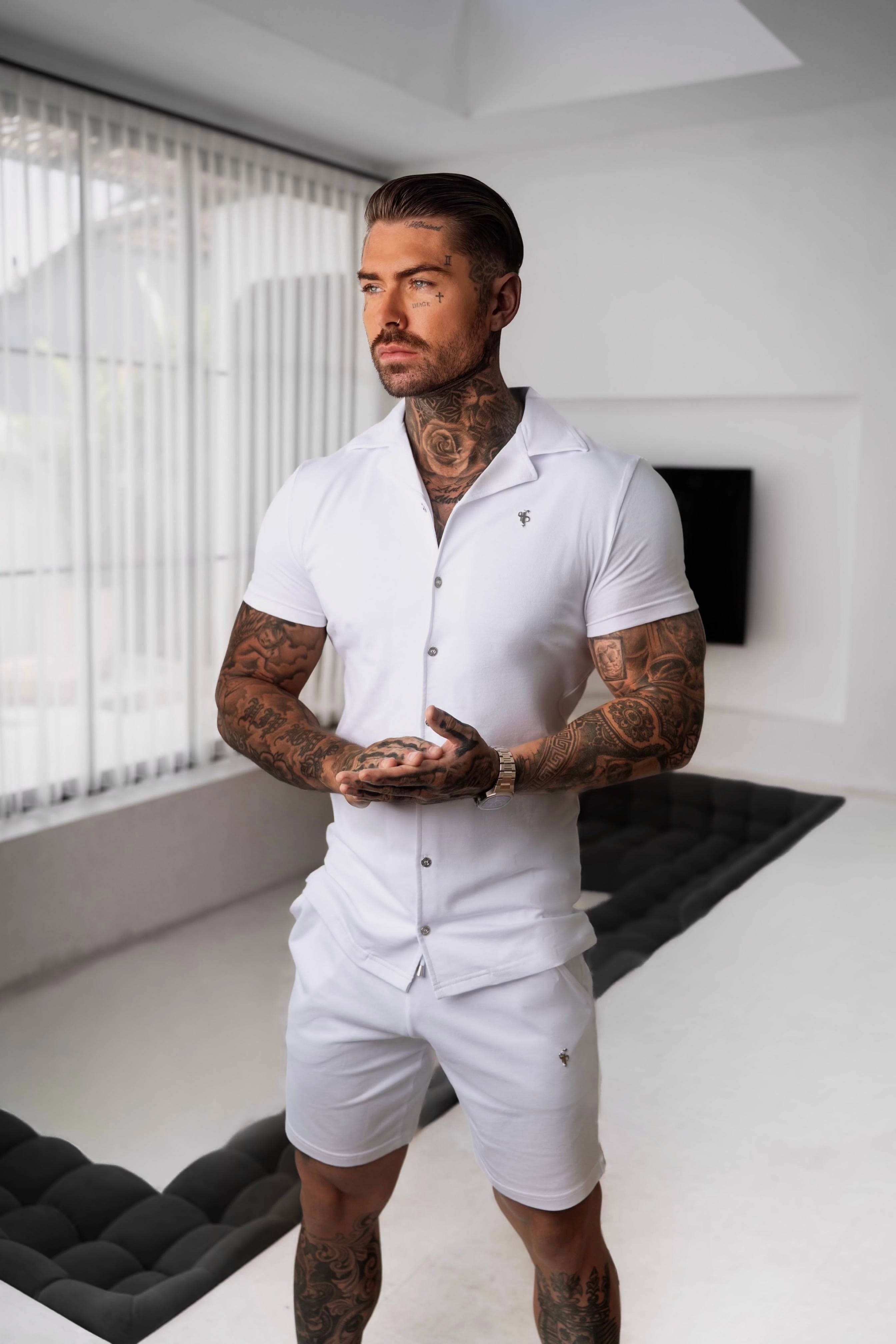 Stretch White / Silver Pique Revere Shirt Short Sleeve - FSH1356
