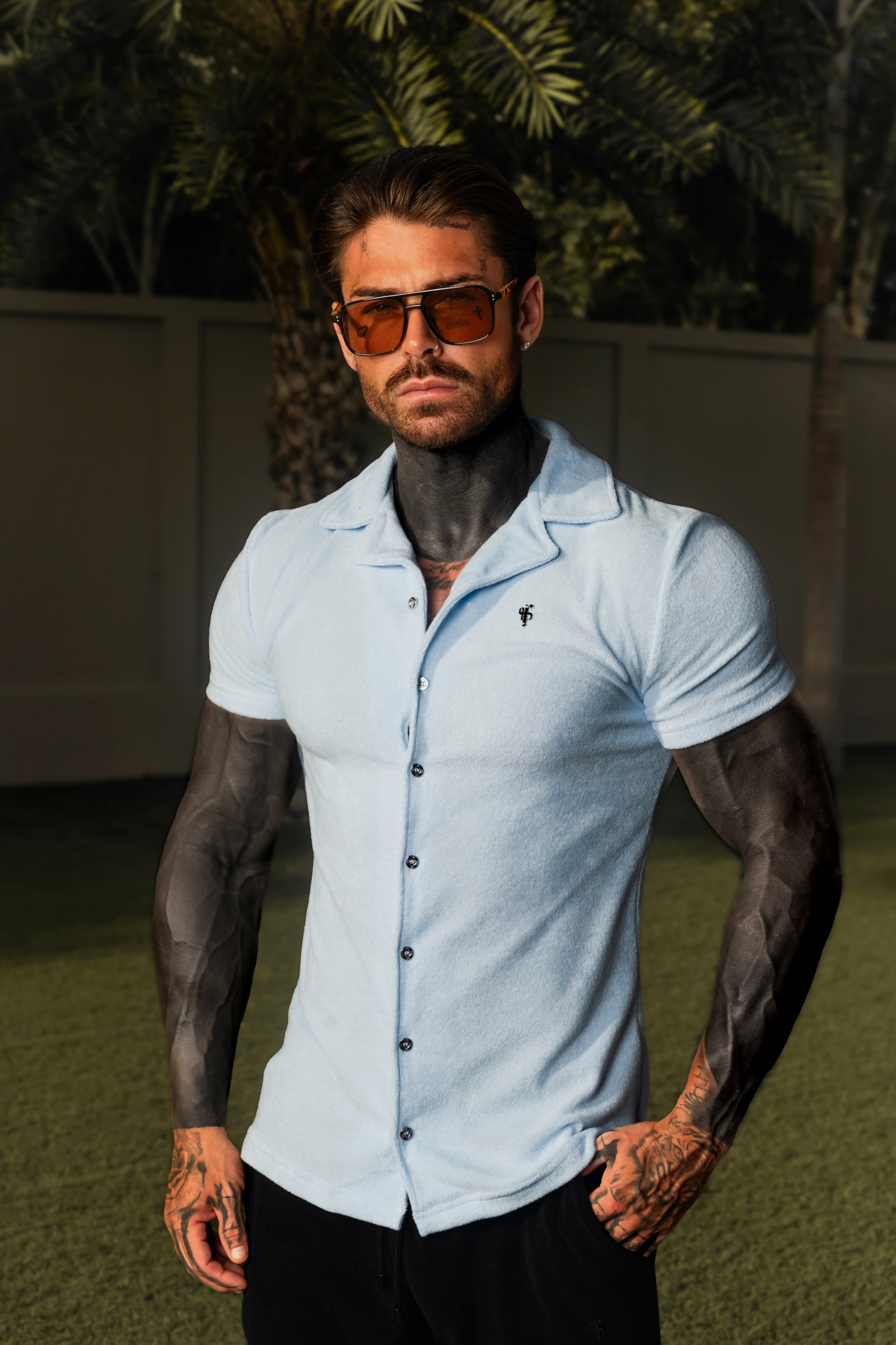 Light Blue Towelling Revere Shirt Short Sleeve - FSH1496